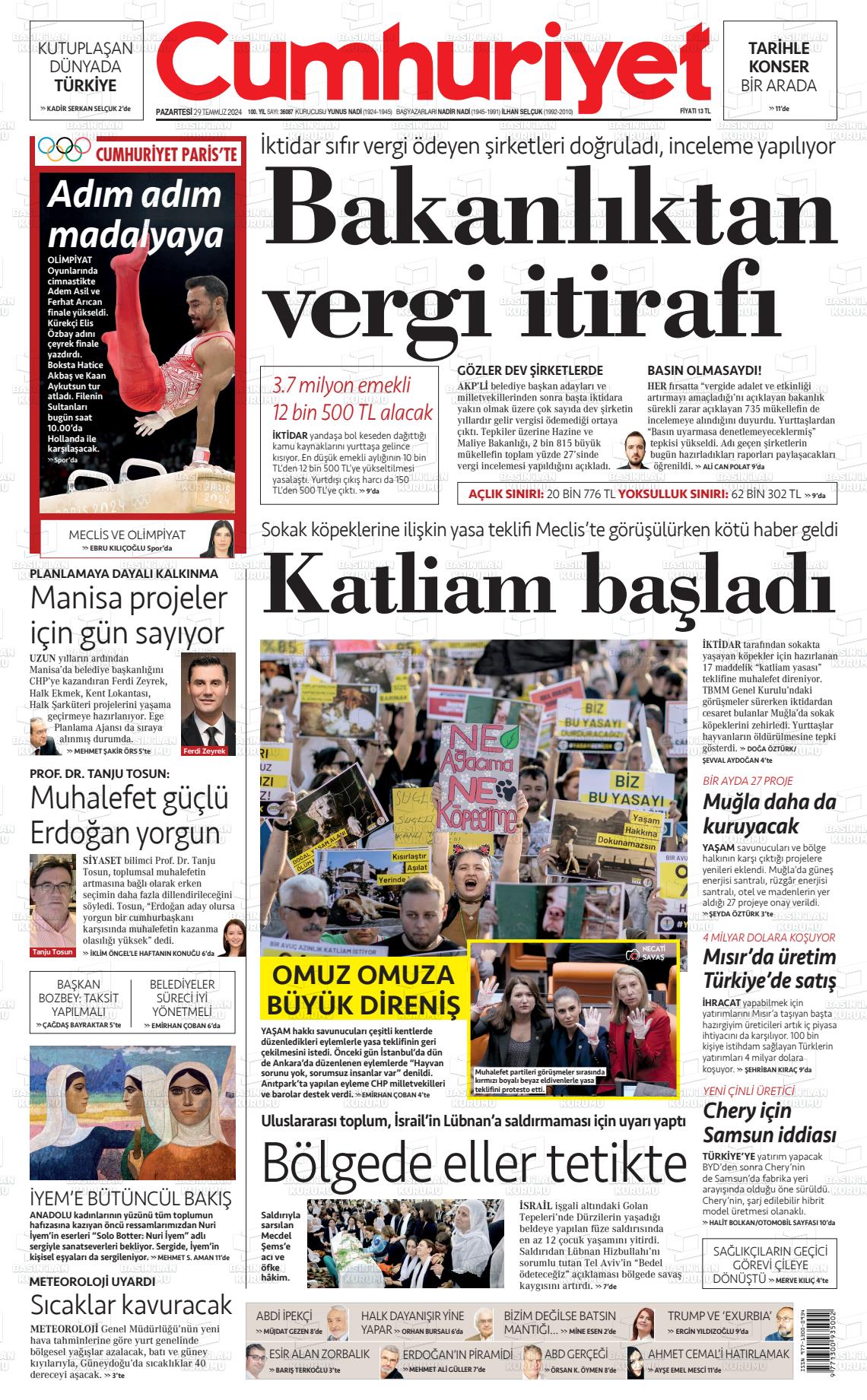 29 Temmuz 2024 Cumhuriyet Gazete Manşeti