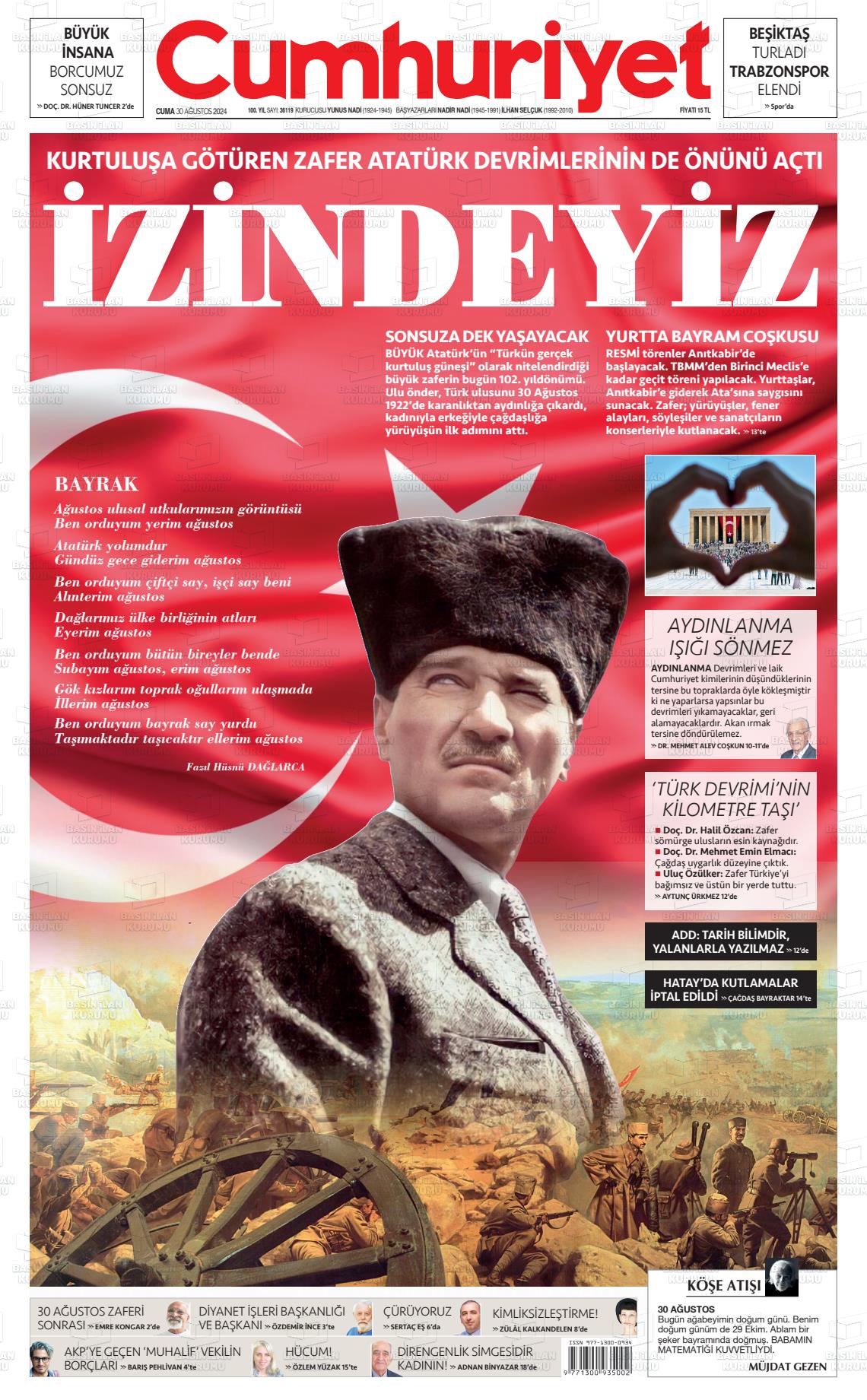 30 Ağustos 2024 Cumhuriyet Gazete Manşeti