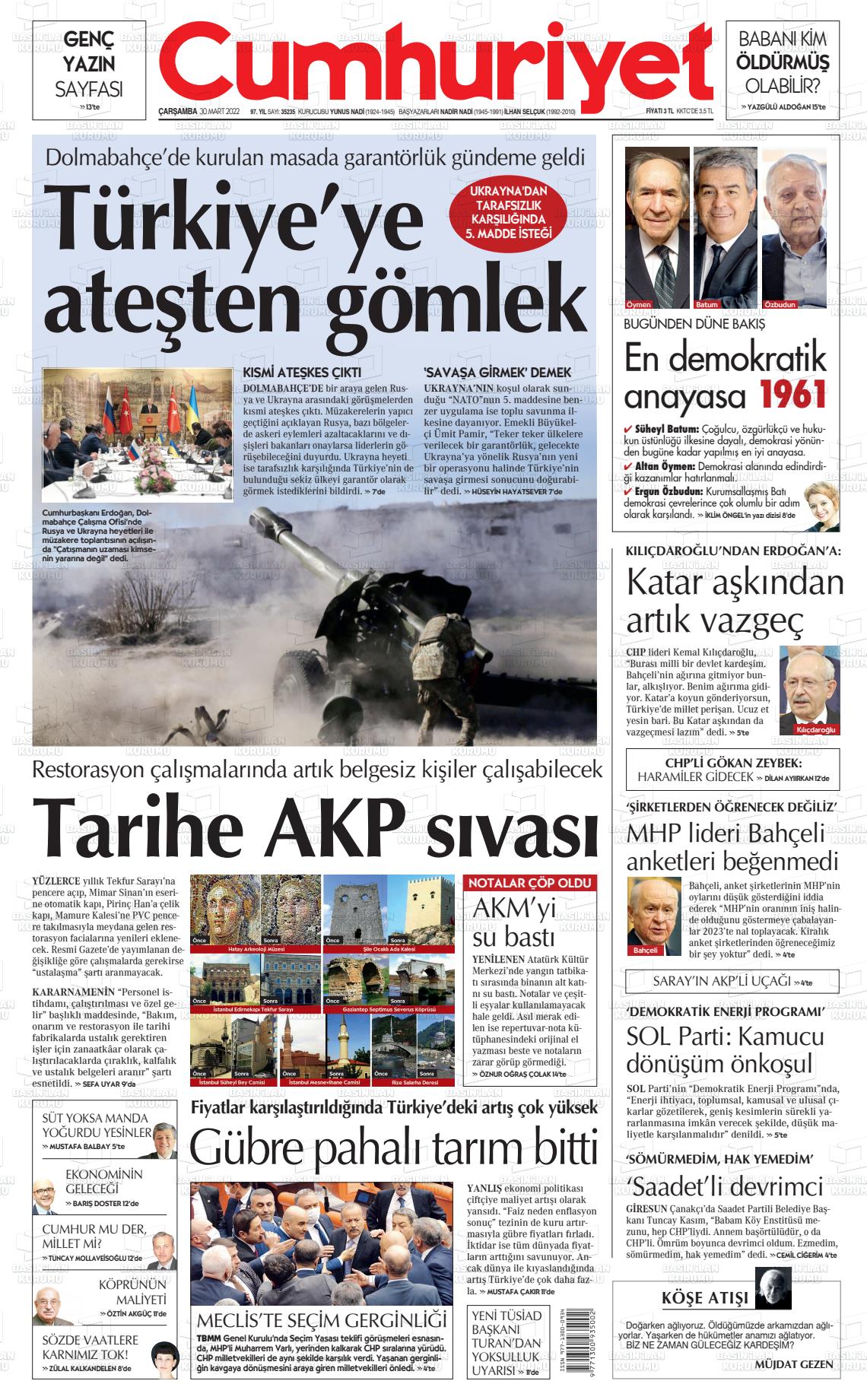 30 Mart 2022 Cumhuriyet Gazete Manşeti