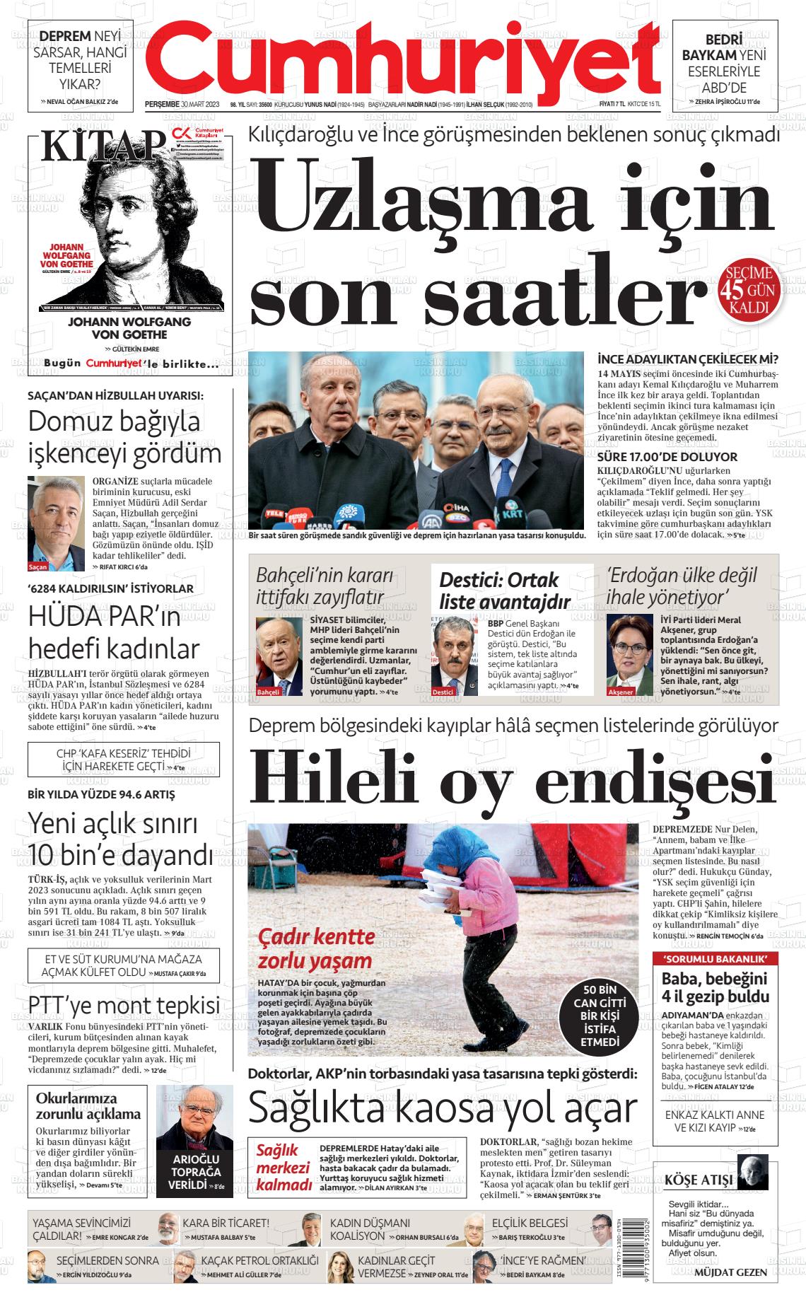 30 Mart 2023 Cumhuriyet Gazete Manşeti