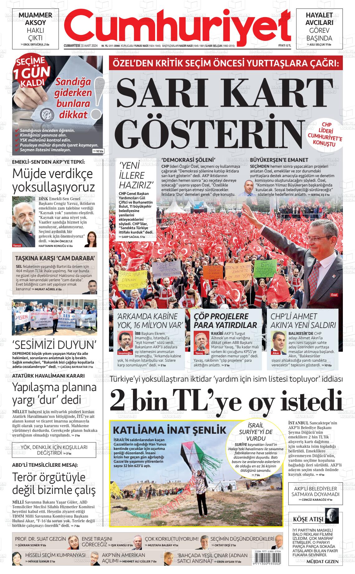 30 Mart 2024 Cumhuriyet Gazete Manşeti