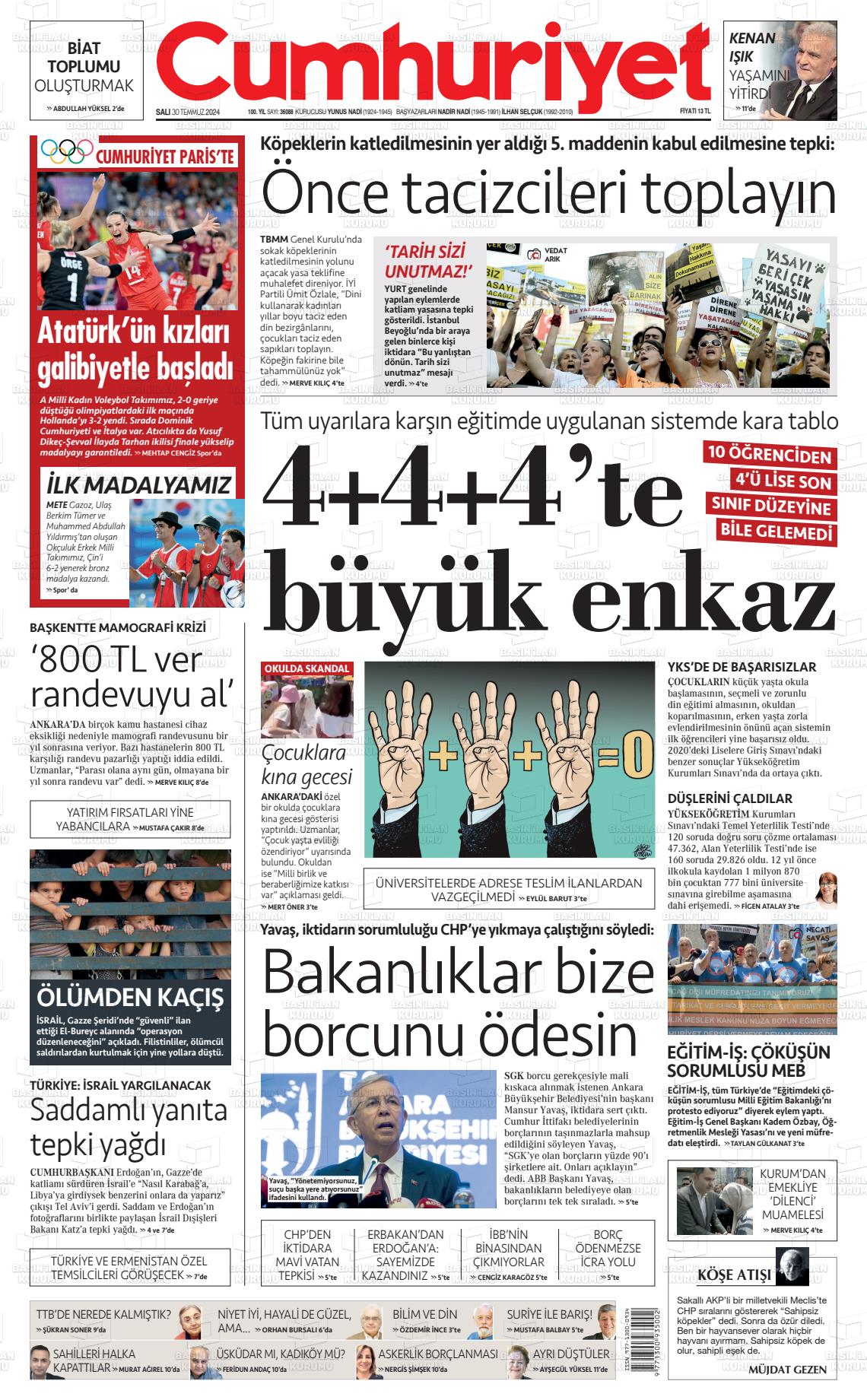 30 Temmuz 2024 Cumhuriyet Gazete Manşeti