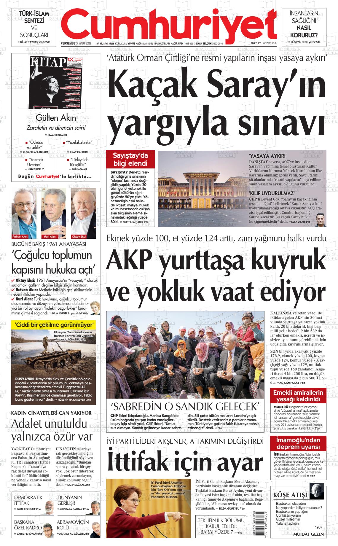 31 Mart 2022 Cumhuriyet Gazete Manşeti