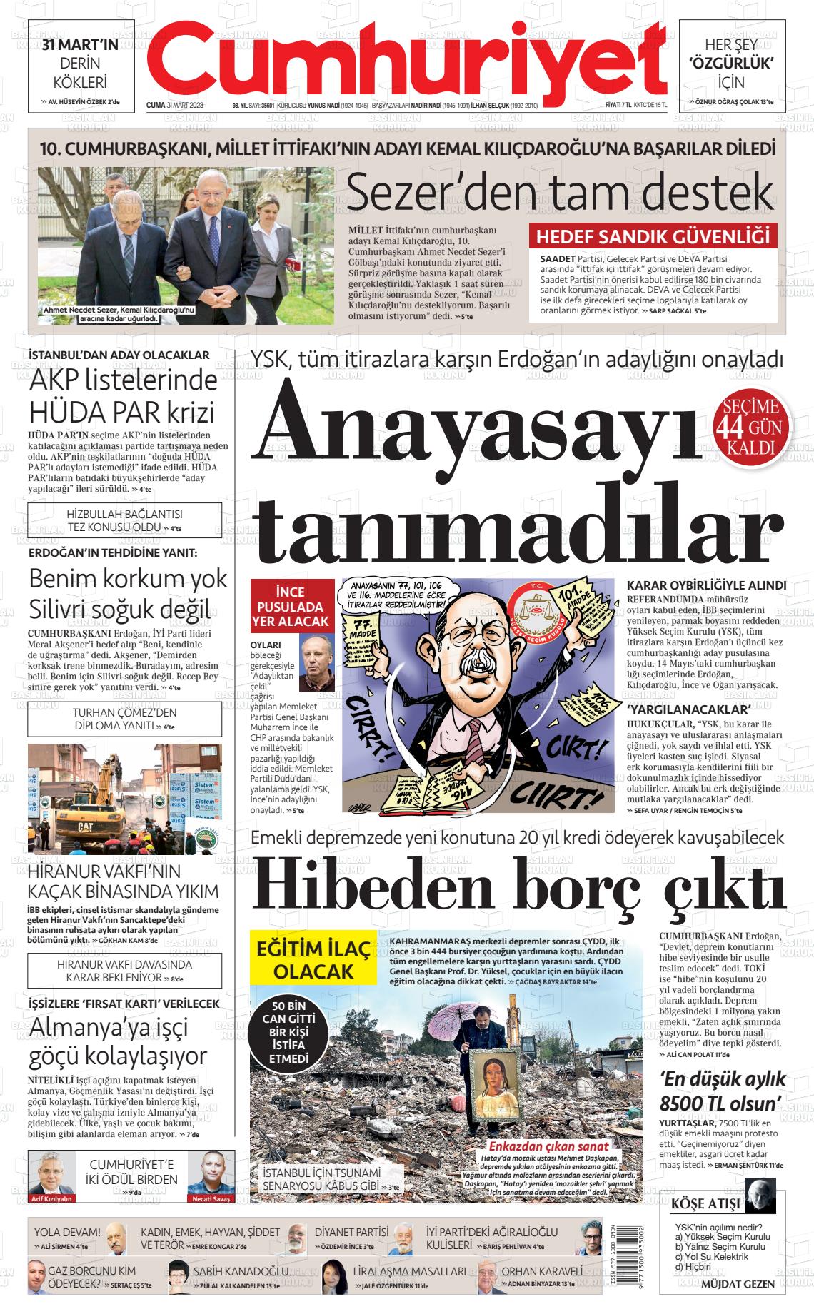 31 Mart 2023 Cumhuriyet Gazete Manşeti