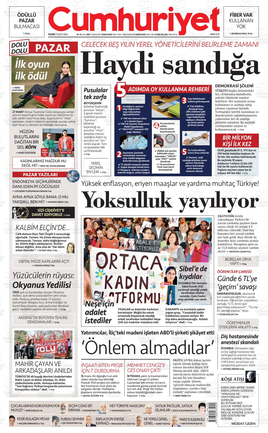 31 Mart 2024 Cumhuriyet Gazete Manşeti