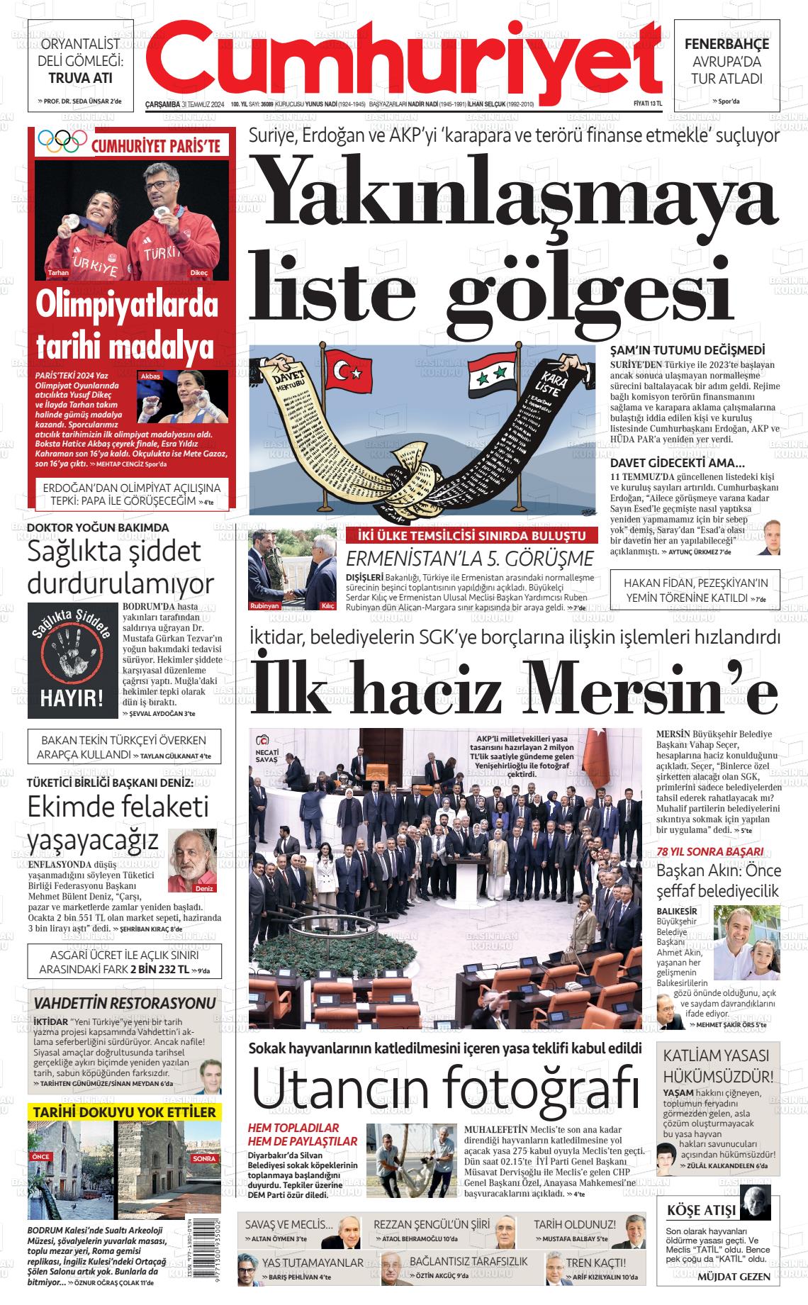 31 Temmuz 2024 Cumhuriyet Gazete Manşeti