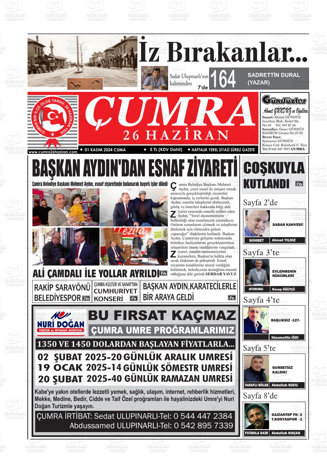 01 Kasım 2024 Çumra 26 Haziran Gazete Manşeti