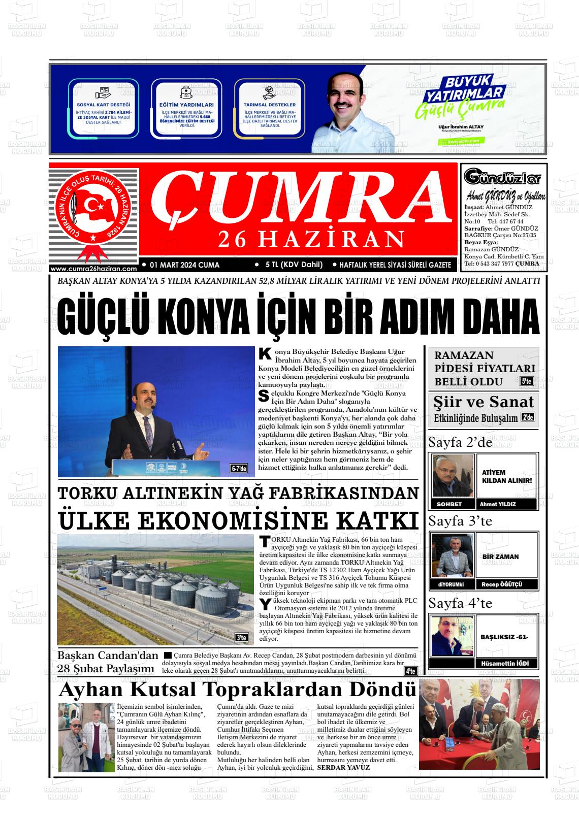 01 Mart 2024 Çumra 26 Haziran Gazete Manşeti