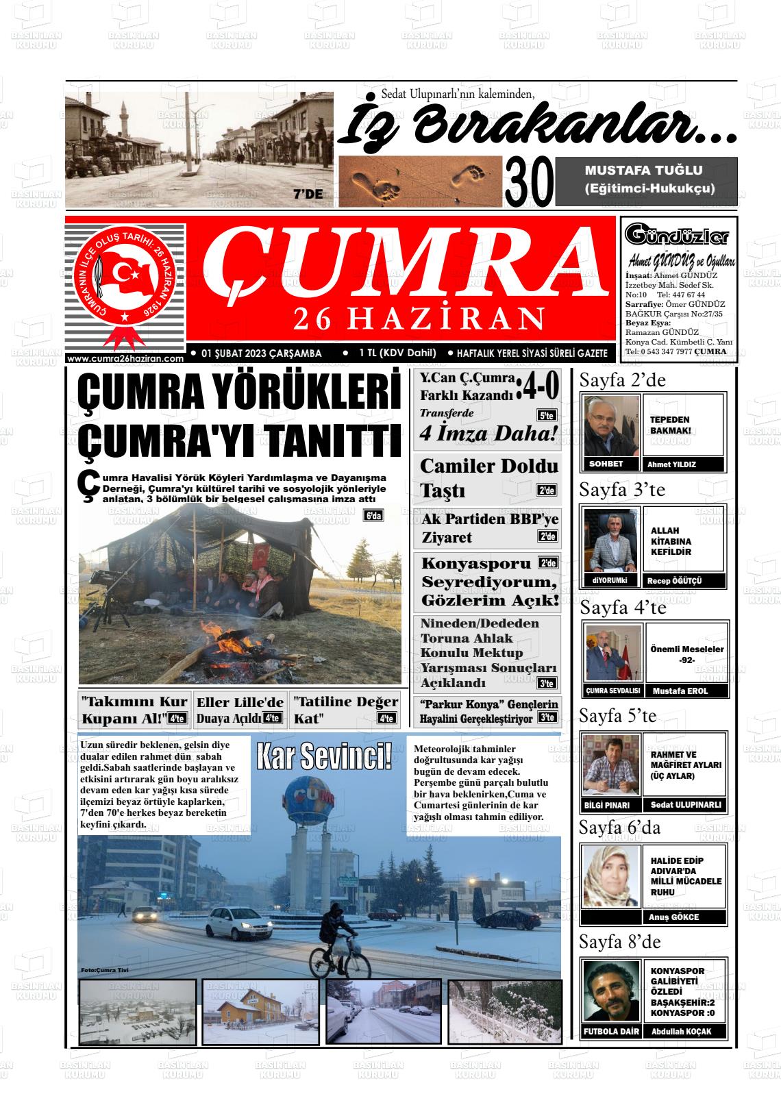 01 Şubat 2023 Çumra 26 Haziran Gazete Manşeti