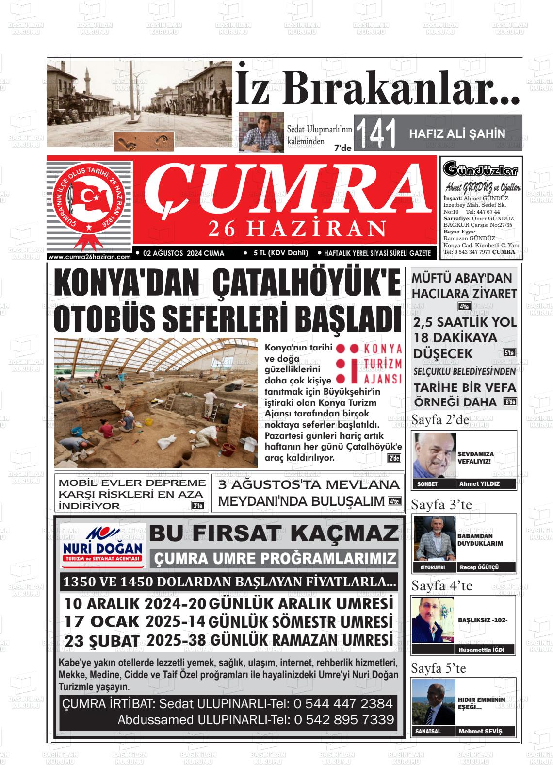 02 Ağustos 2024 Çumra 26 Haziran Gazete Manşeti