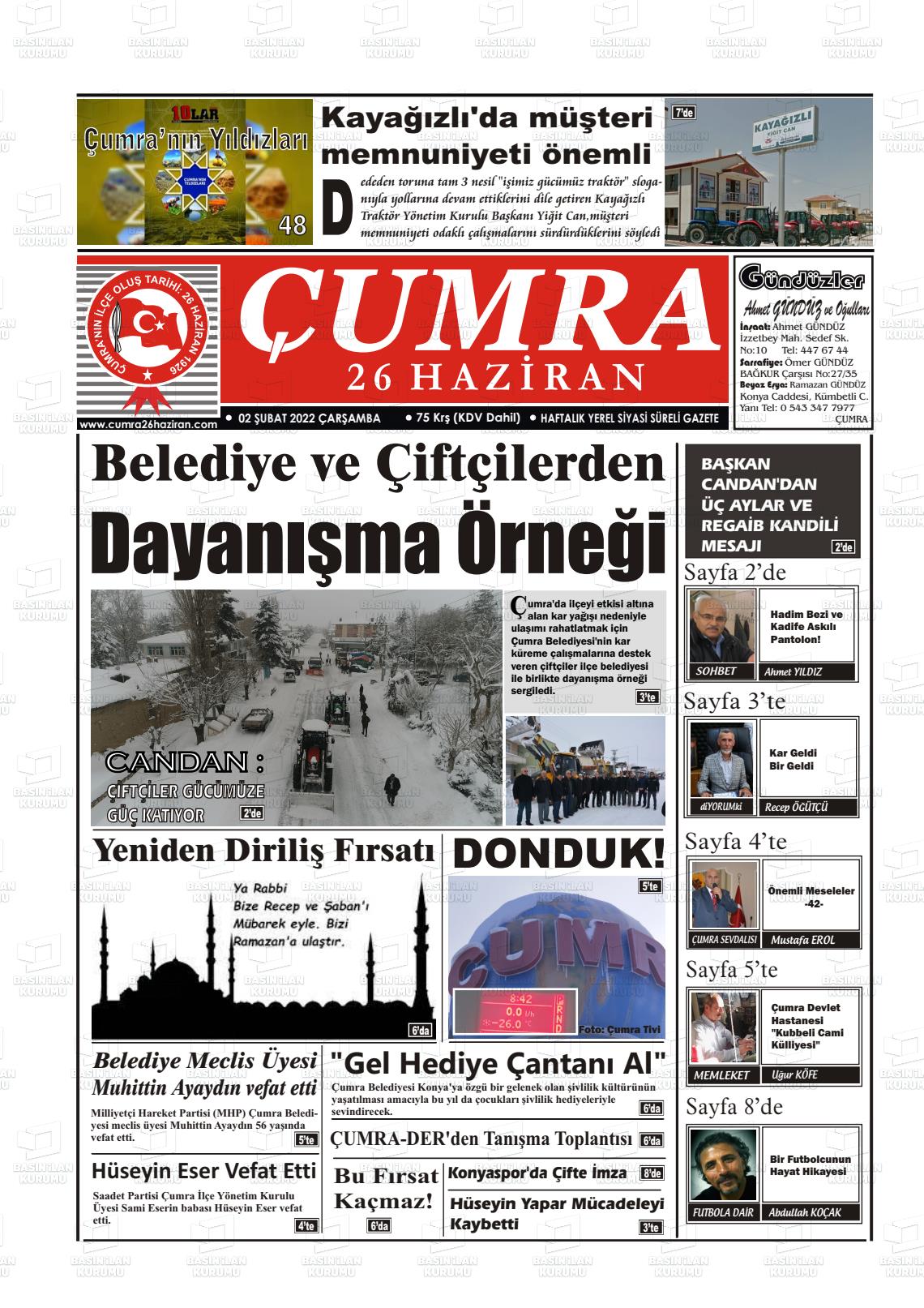 02 Şubat 2022 Çumra 26 Haziran Gazete Manşeti