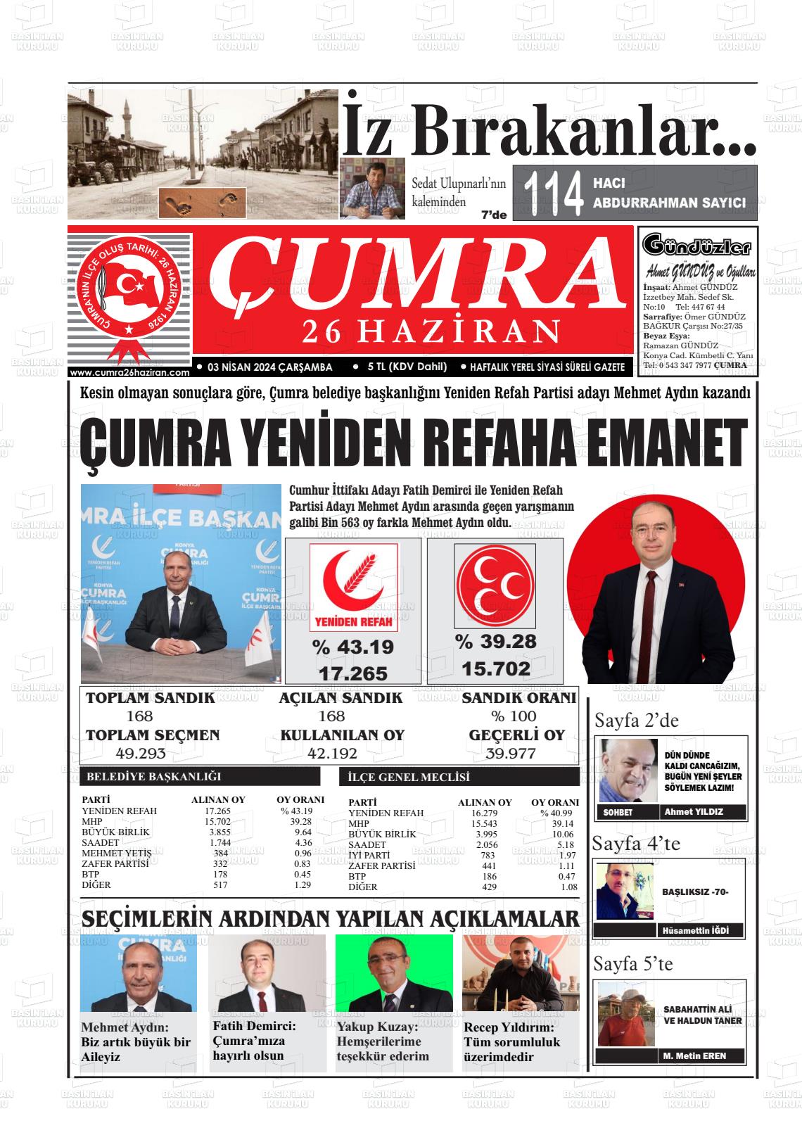 03 Nisan 2024 Çumra 26 Haziran Gazete Manşeti