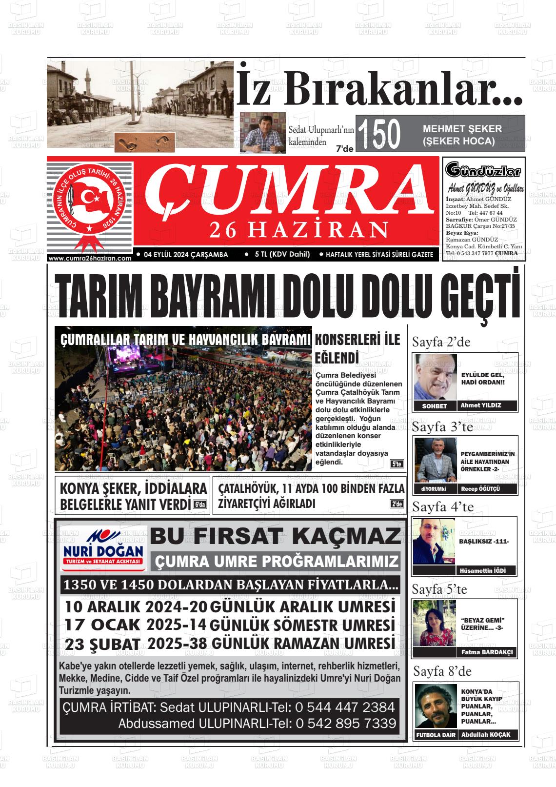 04 Eylül 2024 Çumra 26 Haziran Gazete Manşeti