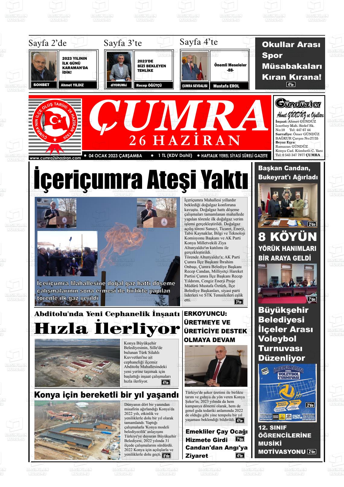 04 Ocak 2023 Çumra 26 Haziran Gazete Manşeti