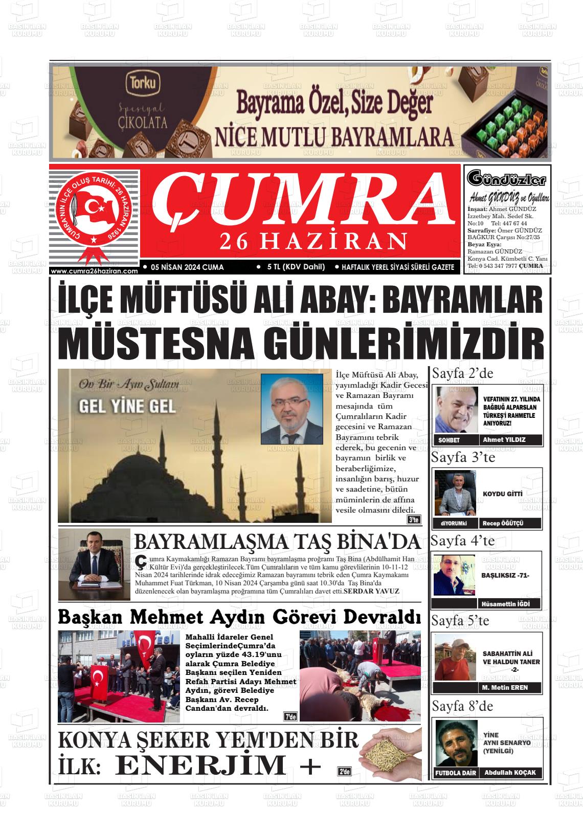 05 Nisan 2024 Çumra 26 Haziran Gazete Manşeti