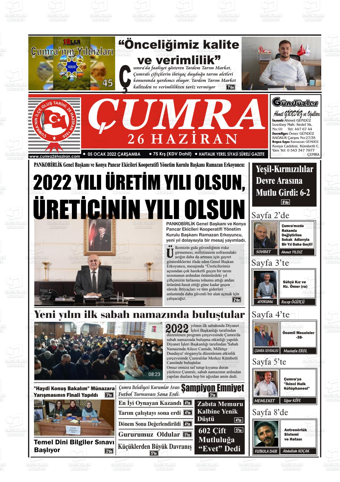 05 Ocak 2022 Çumra 26 Haziran Gazete Manşeti