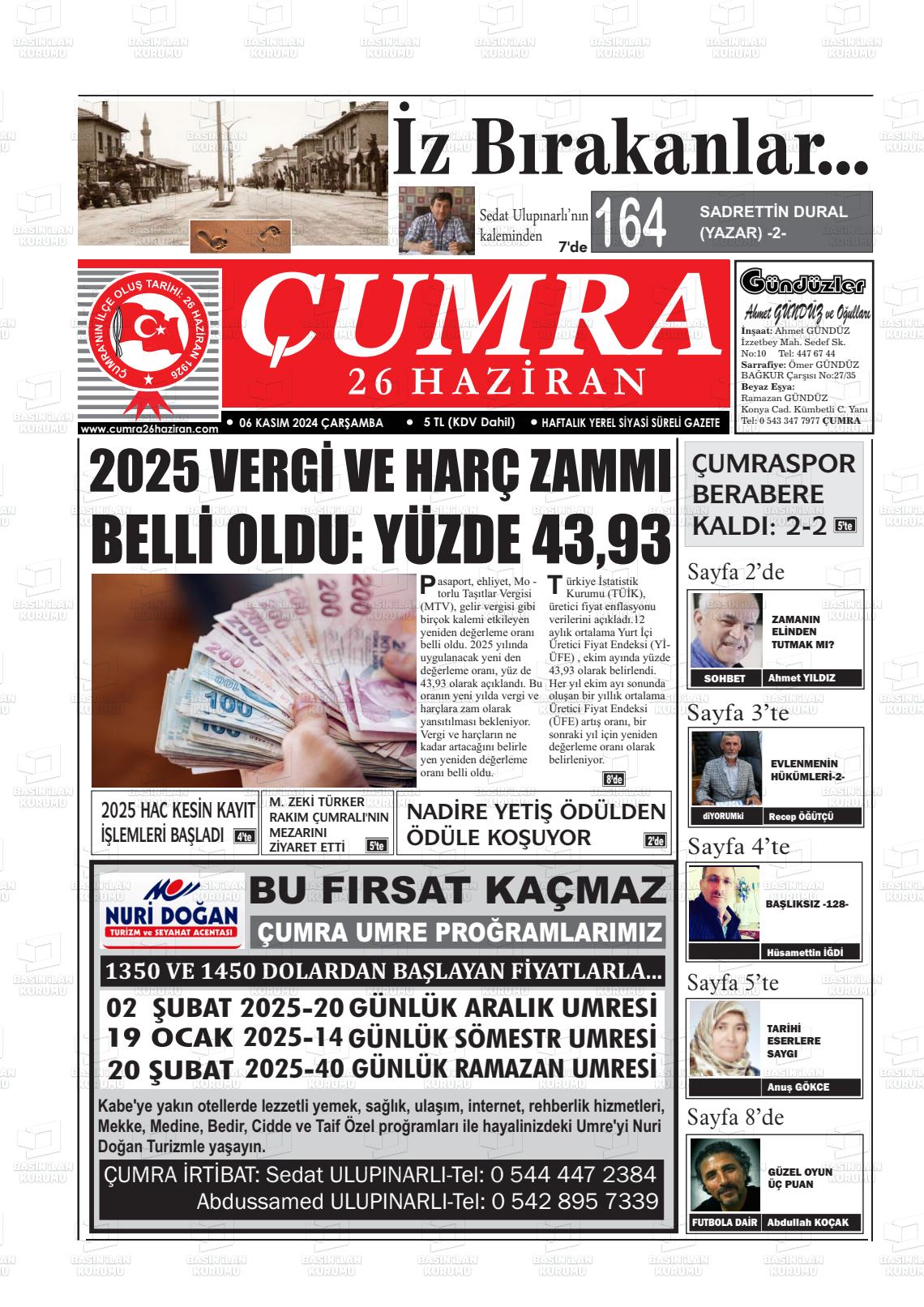 06 Kasım 2024 Çumra 26 Haziran Gazete Manşeti