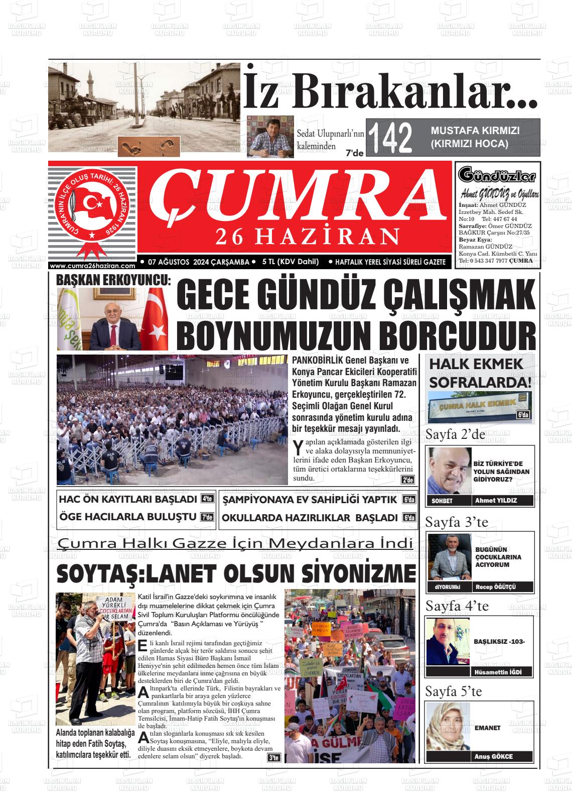 07 Ağustos 2024 Çumra 26 Haziran Gazete Manşeti