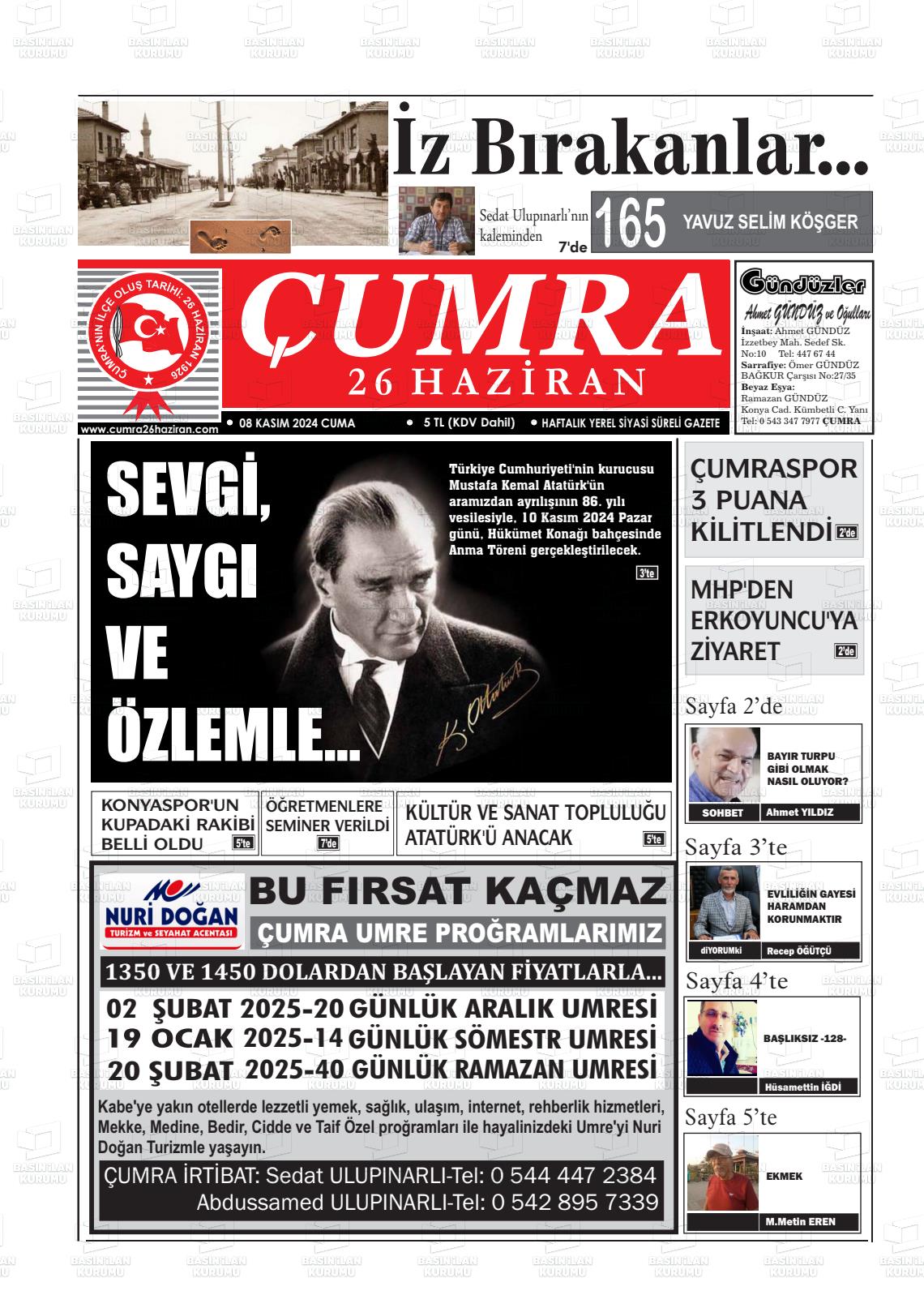 08 Kasım 2024 Çumra 26 Haziran Gazete Manşeti