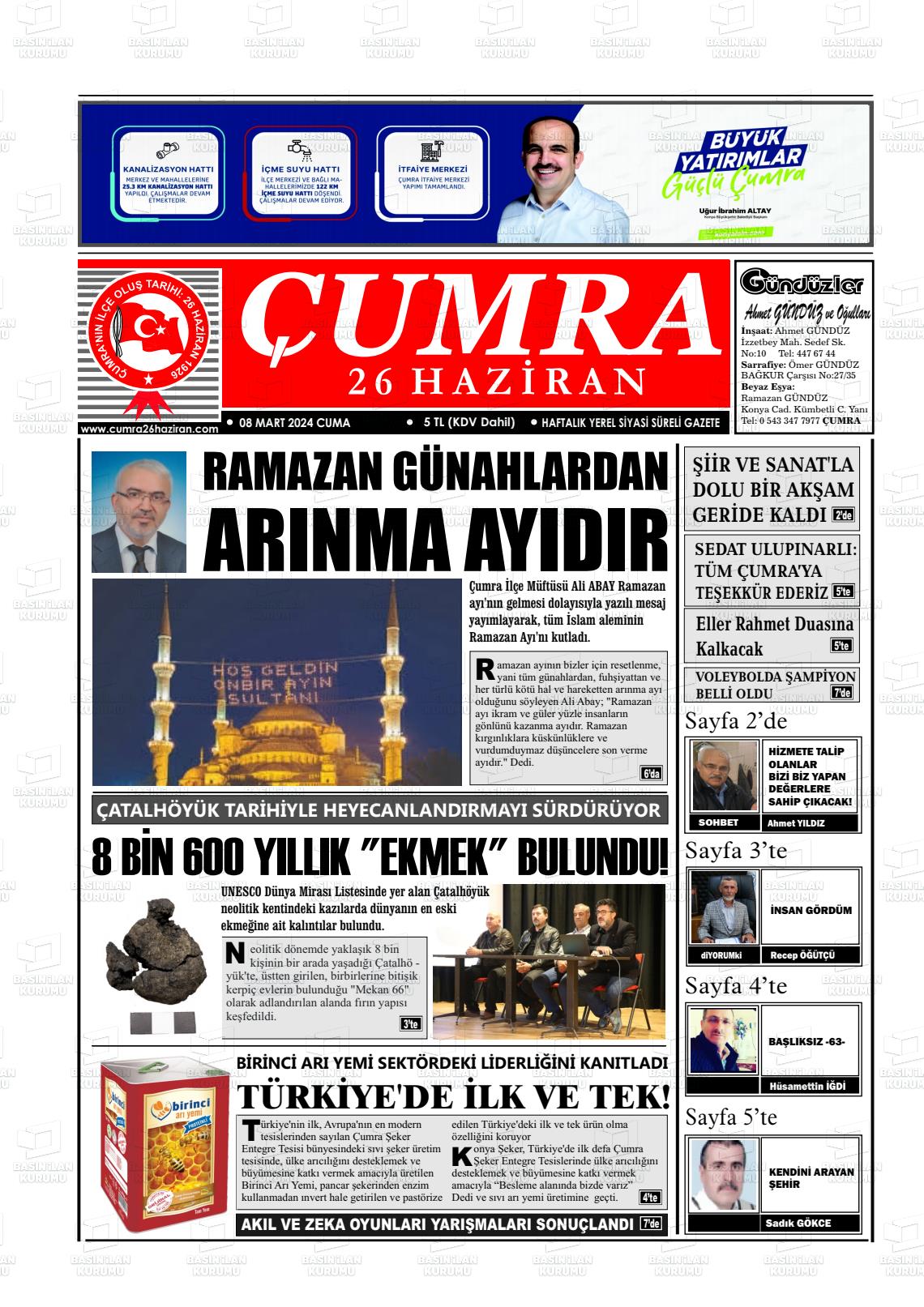 08 Mart 2024 Çumra 26 Haziran Gazete Manşeti