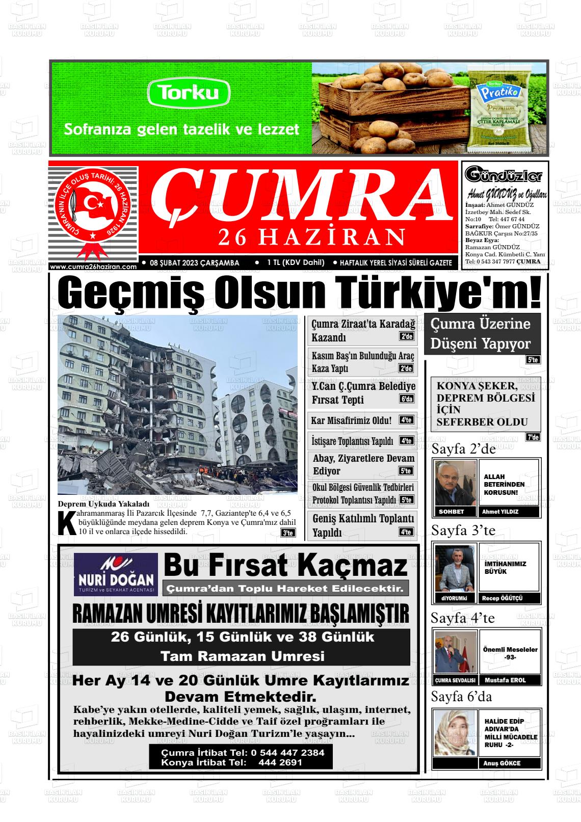 08 Şubat 2023 Çumra 26 Haziran Gazete Manşeti