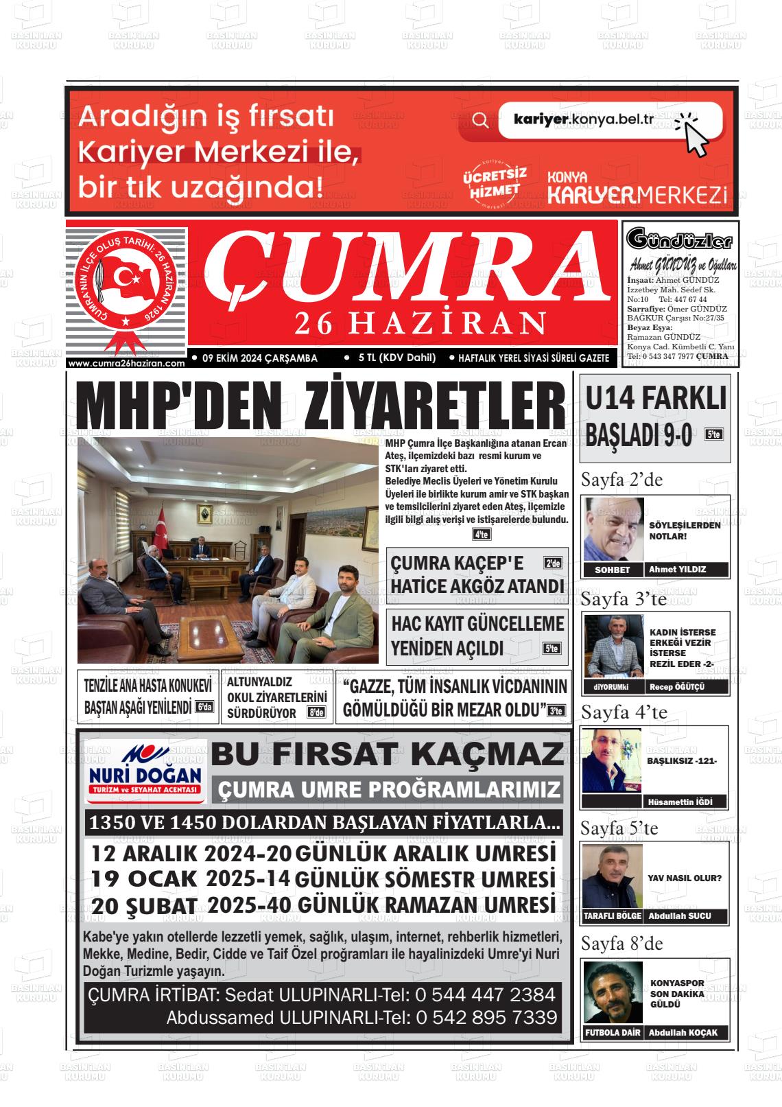 09 Ekim 2024 Çumra 26 Haziran Gazete Manşeti