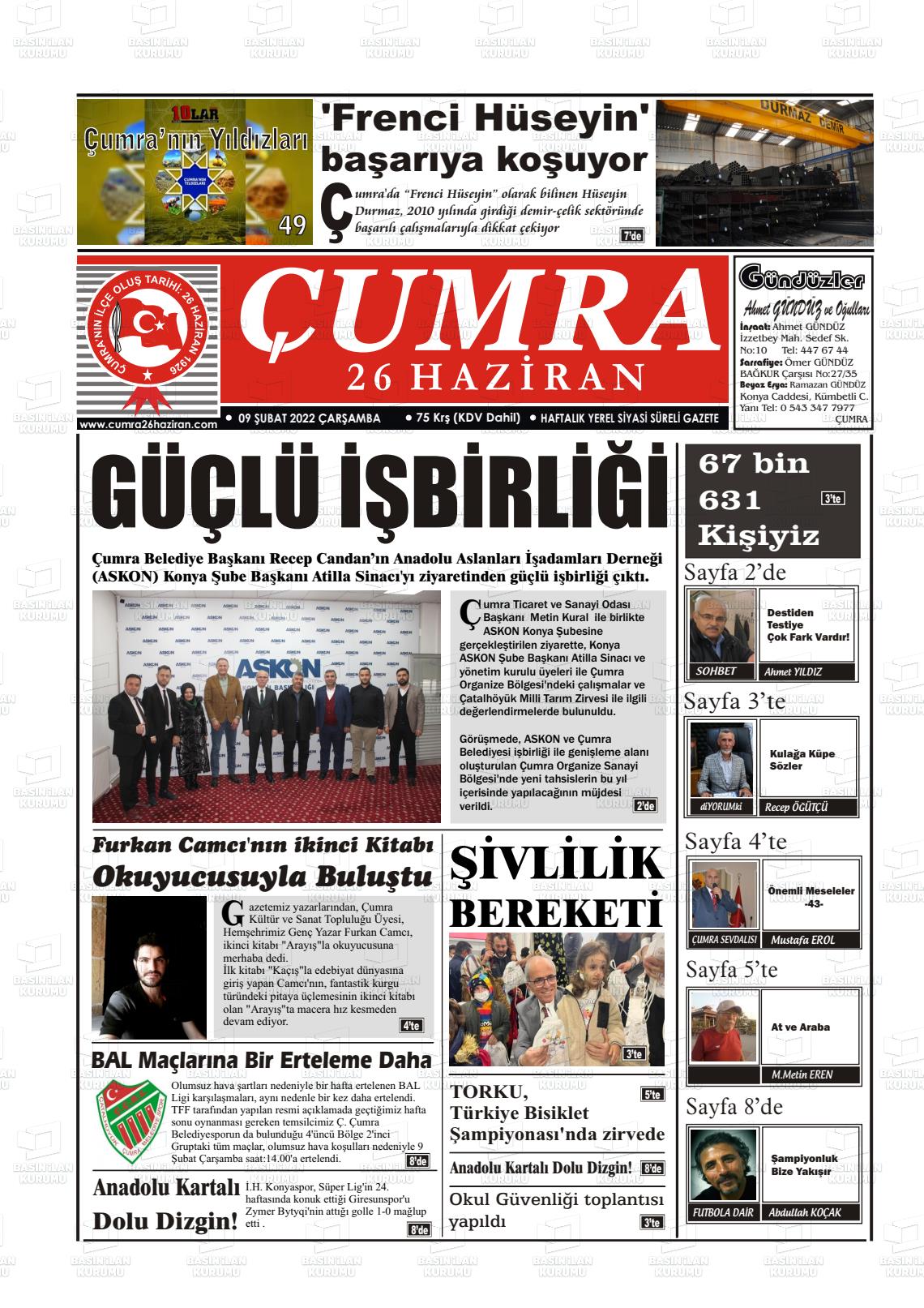 09 Şubat 2022 Çumra 26 Haziran Gazete Manşeti