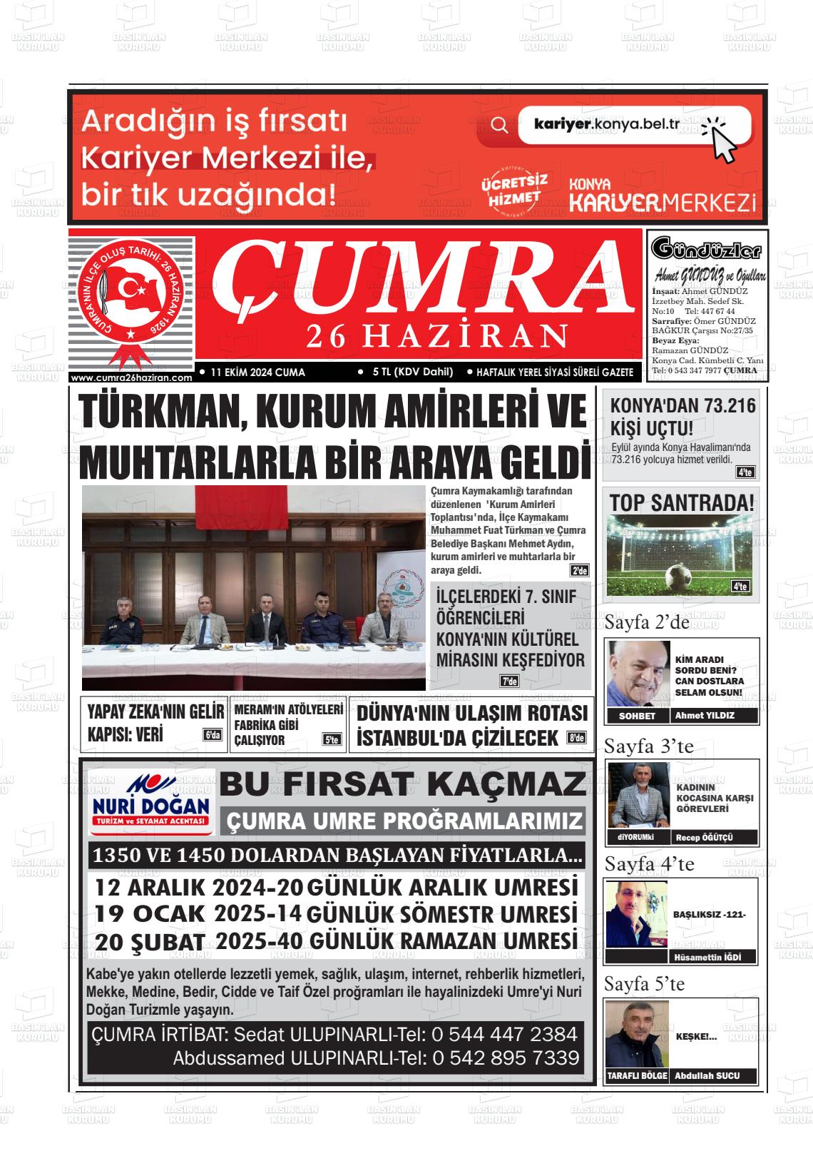 11 Ekim 2024 Çumra 26 Haziran Gazete Manşeti