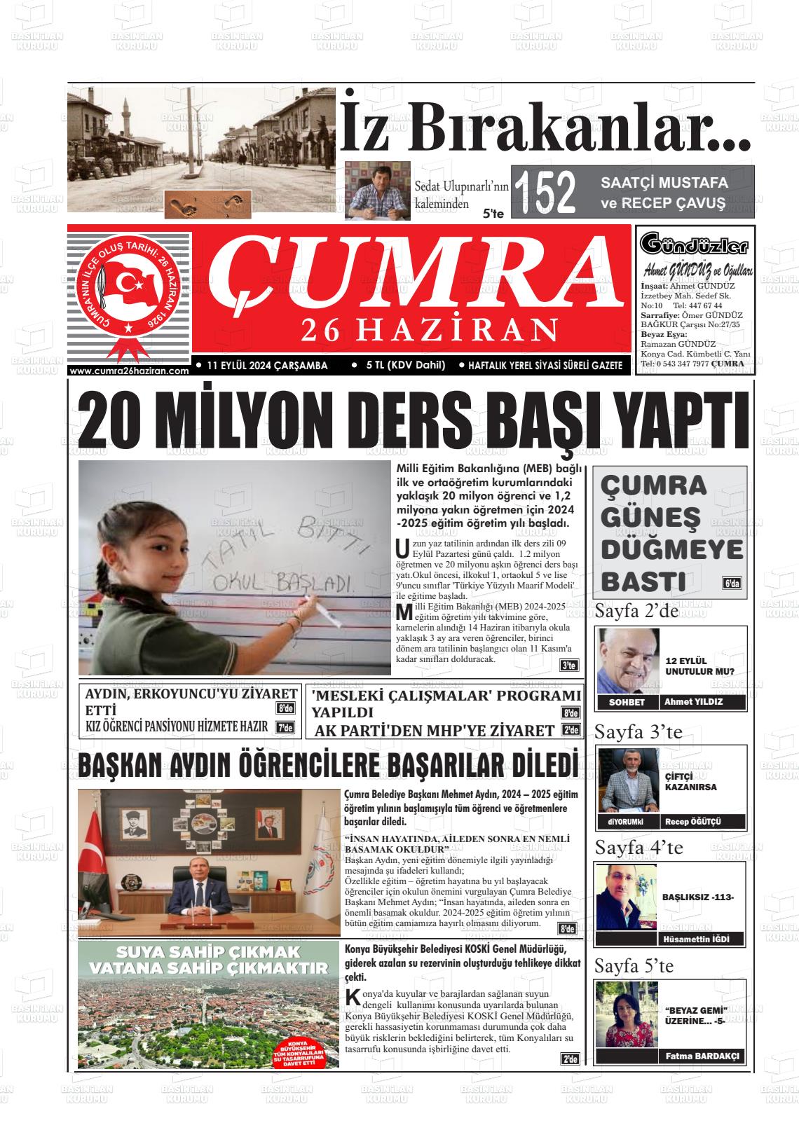 11 Eylül 2024 Çumra 26 Haziran Gazete Manşeti