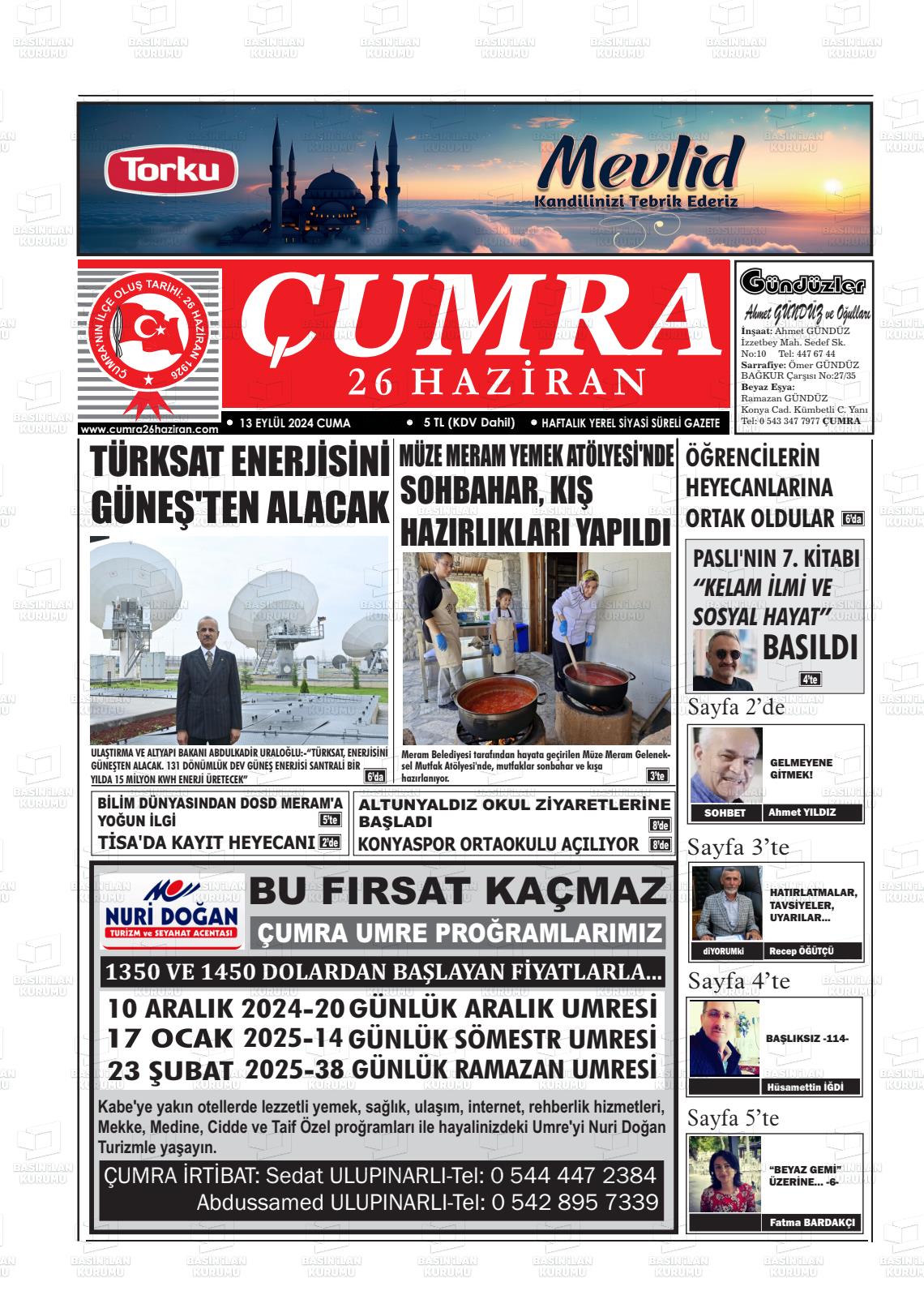 13 Eylül 2024 Çumra 26 Haziran Gazete Manşeti