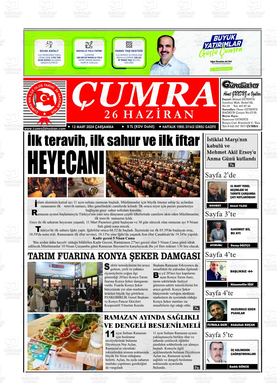 13 Mart 2024 Çumra 26 Haziran Gazete Manşeti