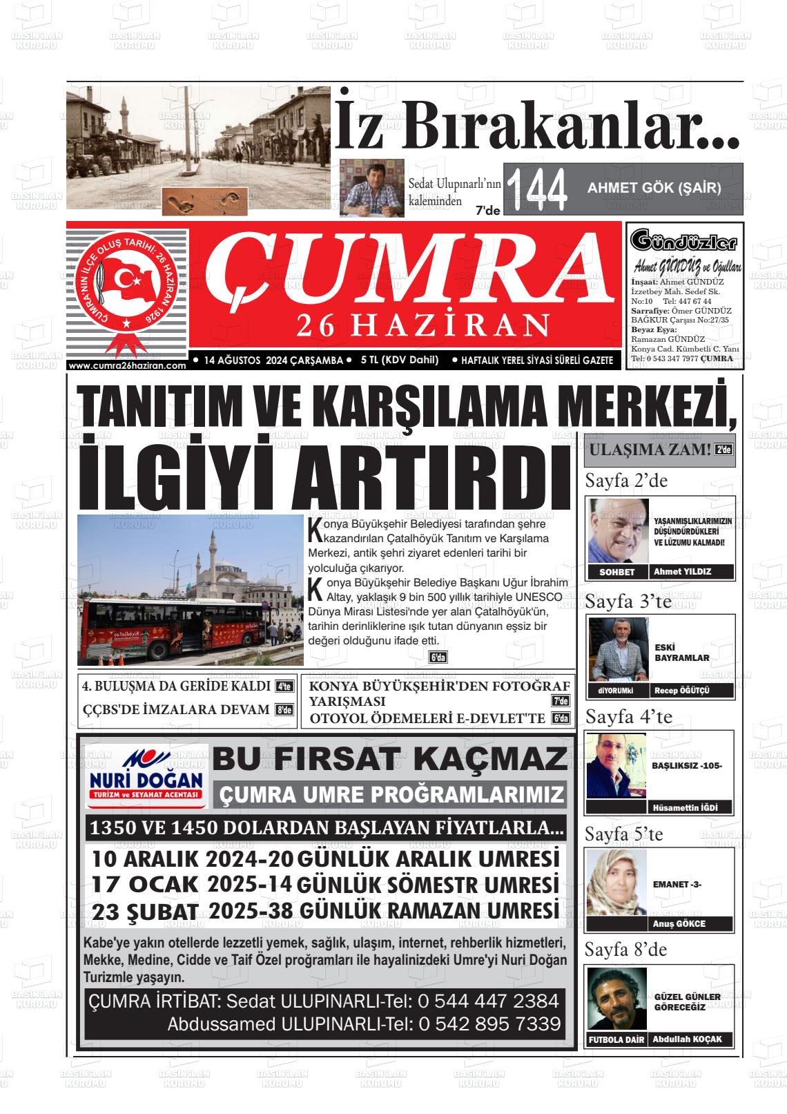 14 Ağustos 2024 Çumra 26 Haziran Gazete Manşeti