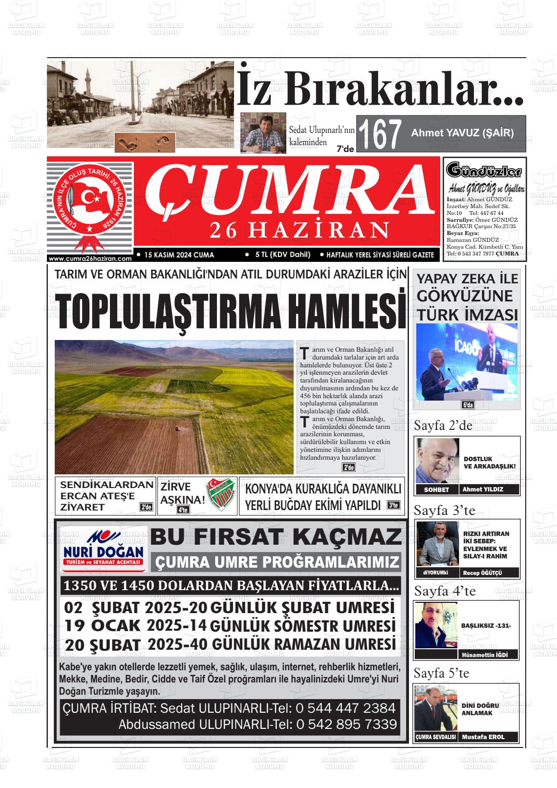 15 Kasım 2024 Çumra 26 Haziran Gazete Manşeti