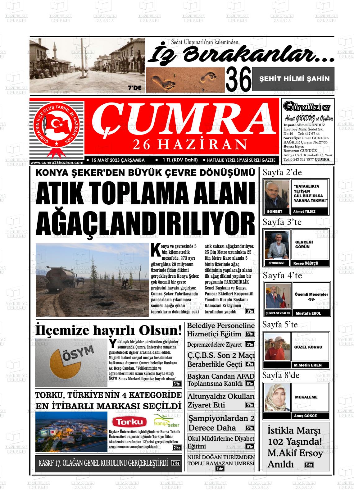 15 Mart 2023 Çumra 26 Haziran Gazete Manşeti