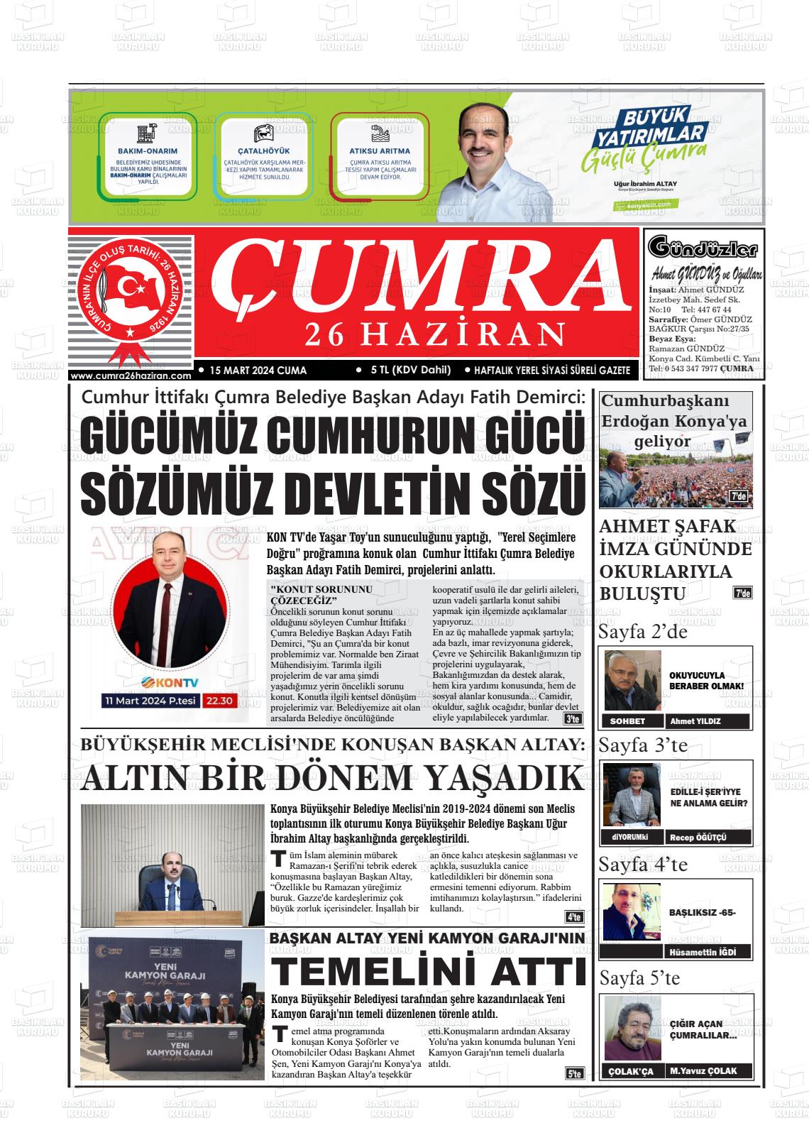 15 Mart 2024 Çumra 26 Haziran Gazete Manşeti