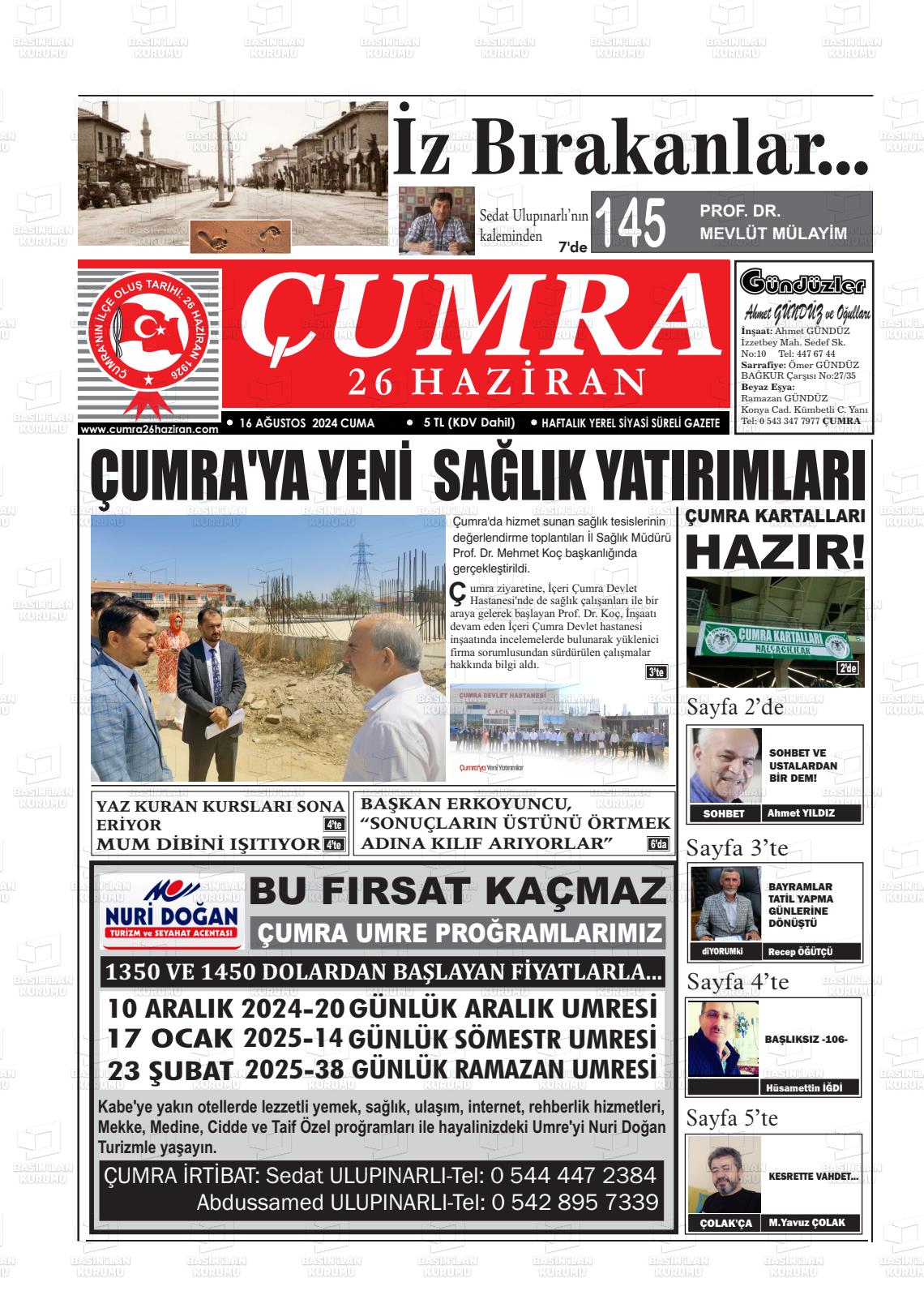 16 Ağustos 2024 Çumra 26 Haziran Gazete Manşeti