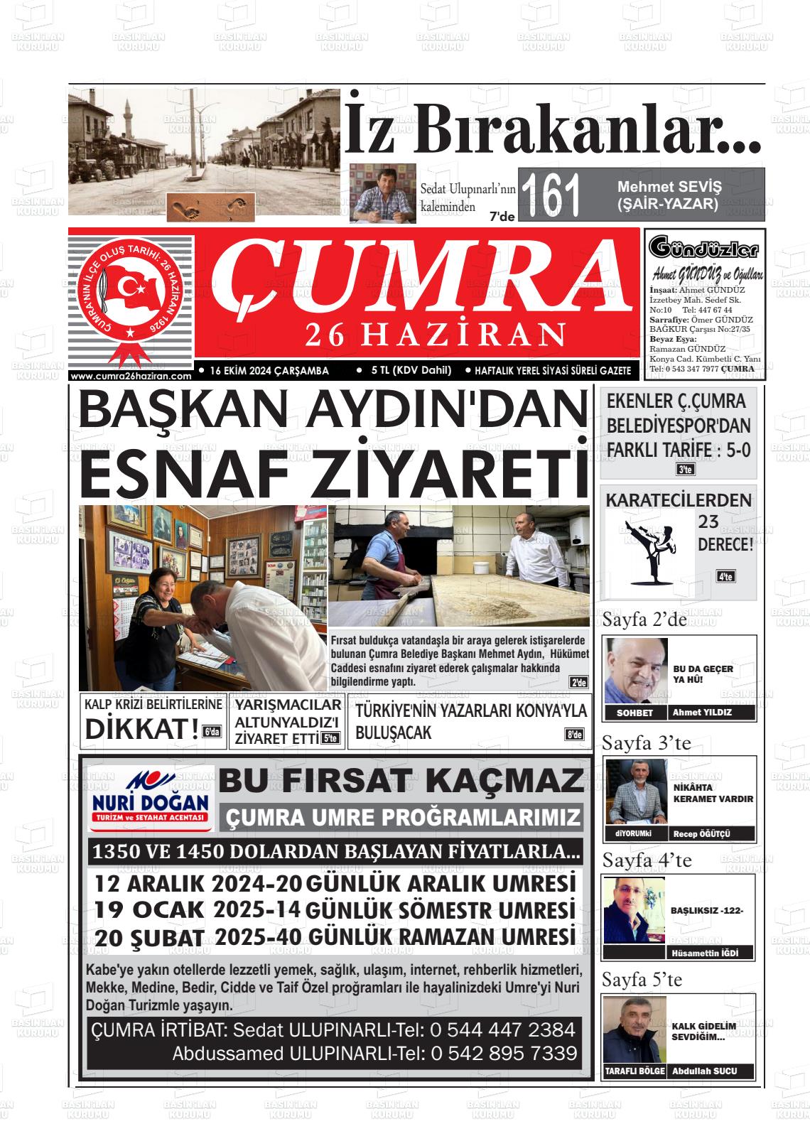 16 Ekim 2024 Çumra 26 Haziran Gazete Manşeti