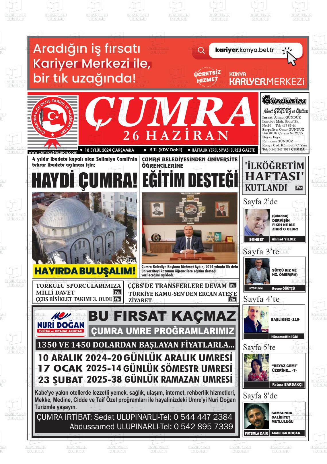 18 Eylül 2024 Çumra 26 Haziran Gazete Manşeti