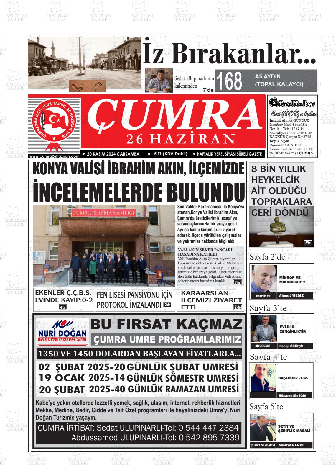 20 Kasım 2024 Çumra 26 Haziran Gazete Manşeti