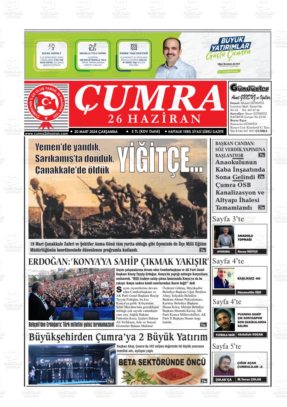 20 Mart 2024 Çumra 26 Haziran Gazete Manşeti