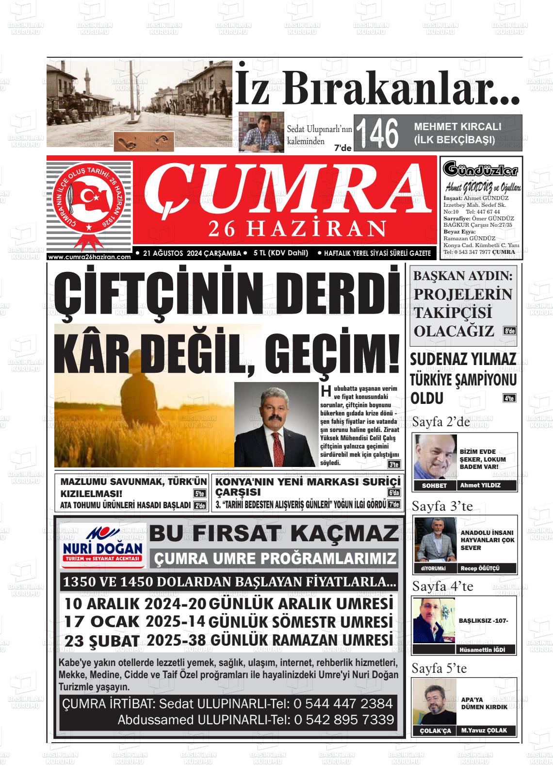 21 Ağustos 2024 Çumra 26 Haziran Gazete Manşeti