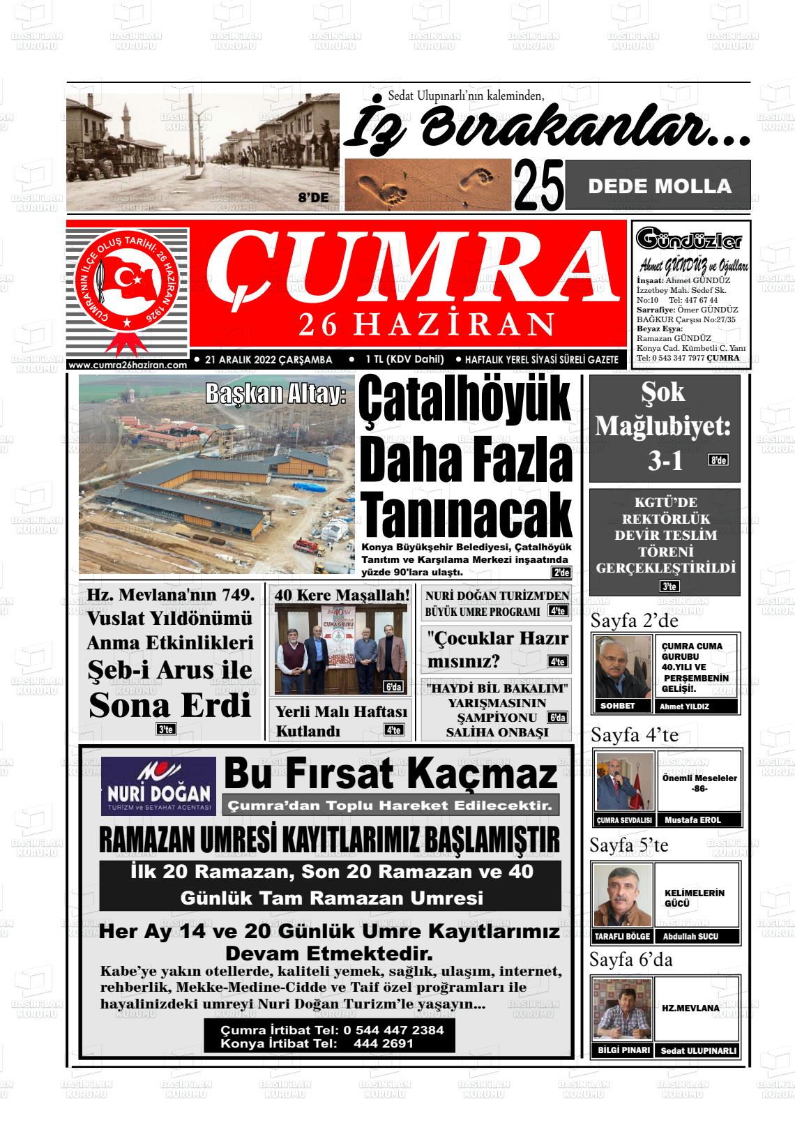 18 Şubat 2023 Çumra 26 Haziran Gazete Manşeti