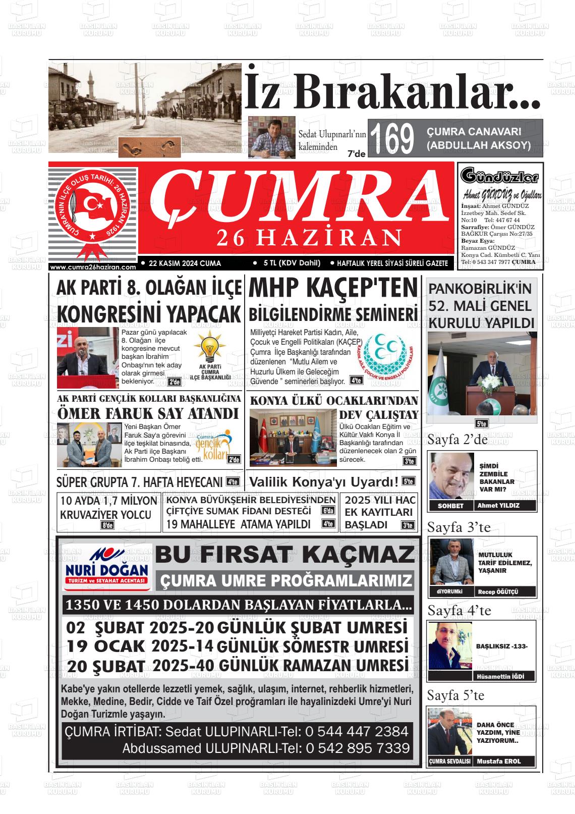 22 Kasım 2024 Çumra 26 Haziran Gazete Manşeti