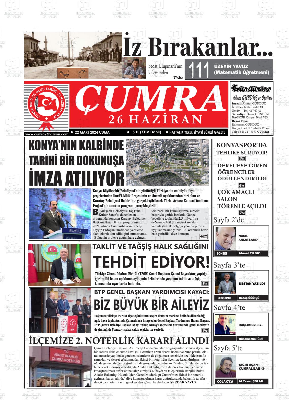 22 Mart 2024 Çumra 26 Haziran Gazete Manşeti