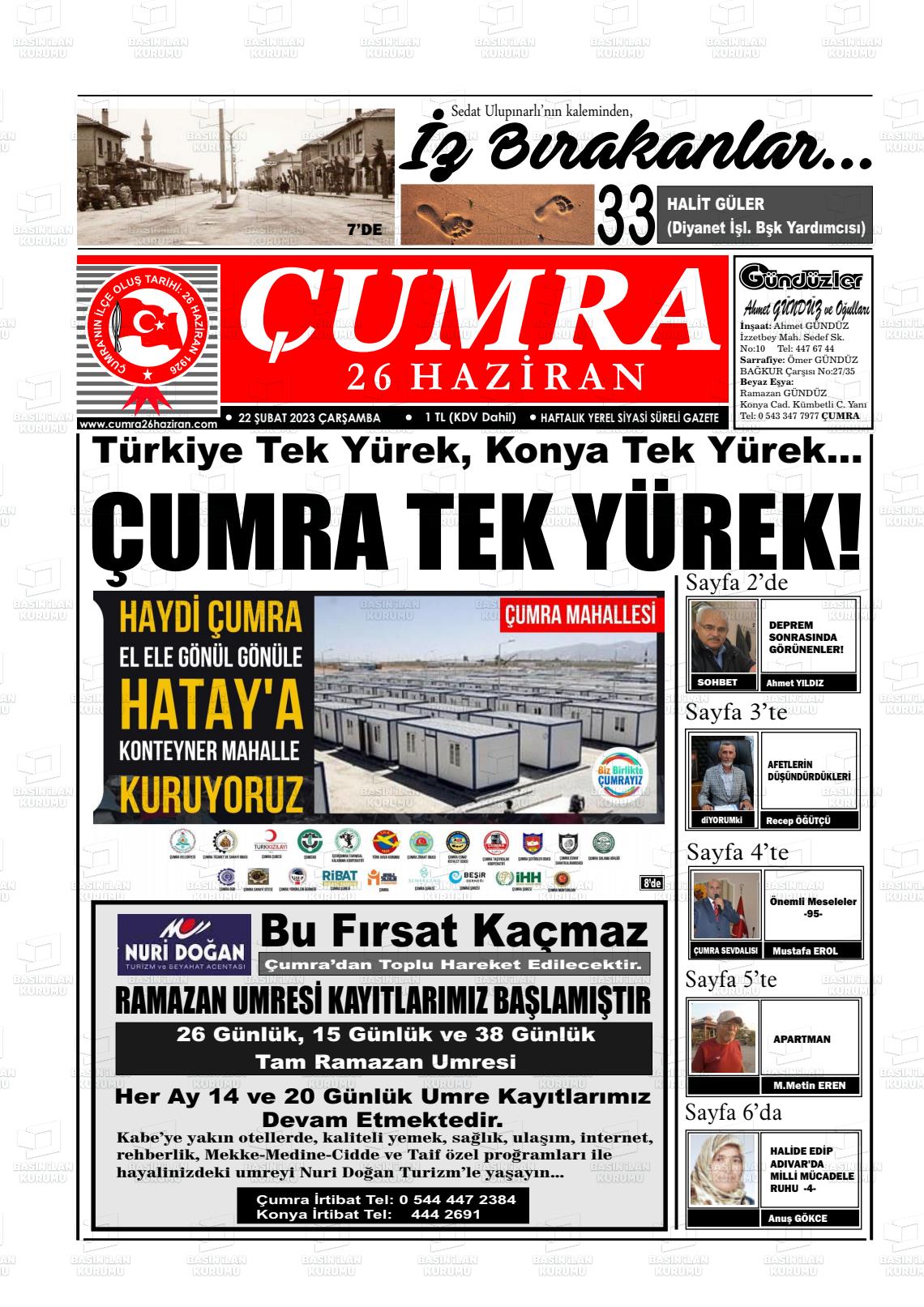 22 Şubat 2023 Çumra 26 Haziran Gazete Manşeti