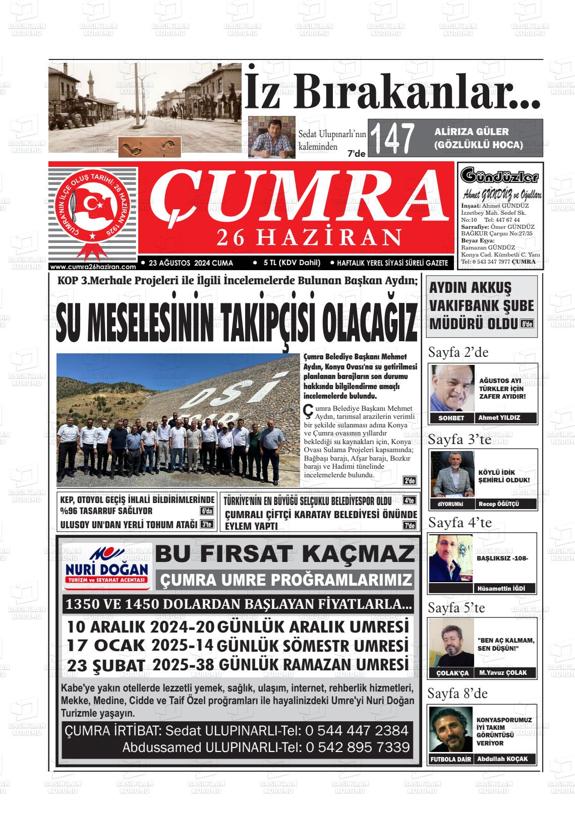 23 Ağustos 2024 Çumra 26 Haziran Gazete Manşeti