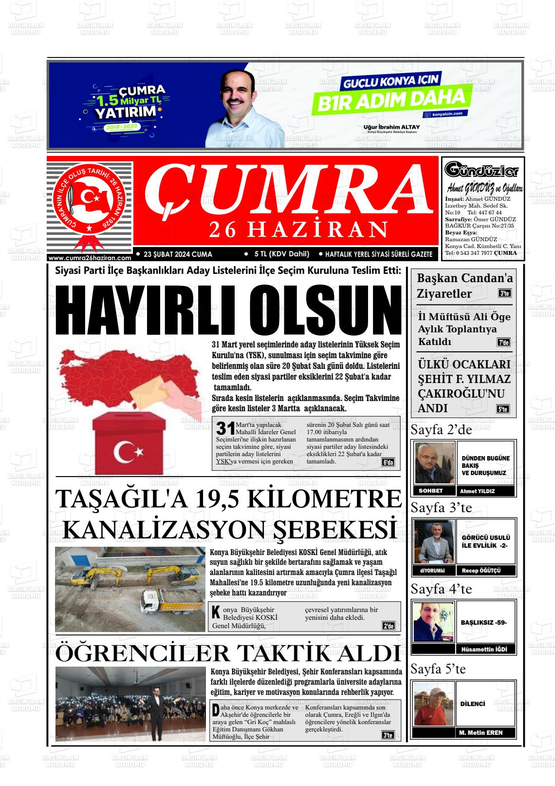 23 Şubat 2024 Çumra 26 Haziran Gazete Manşeti