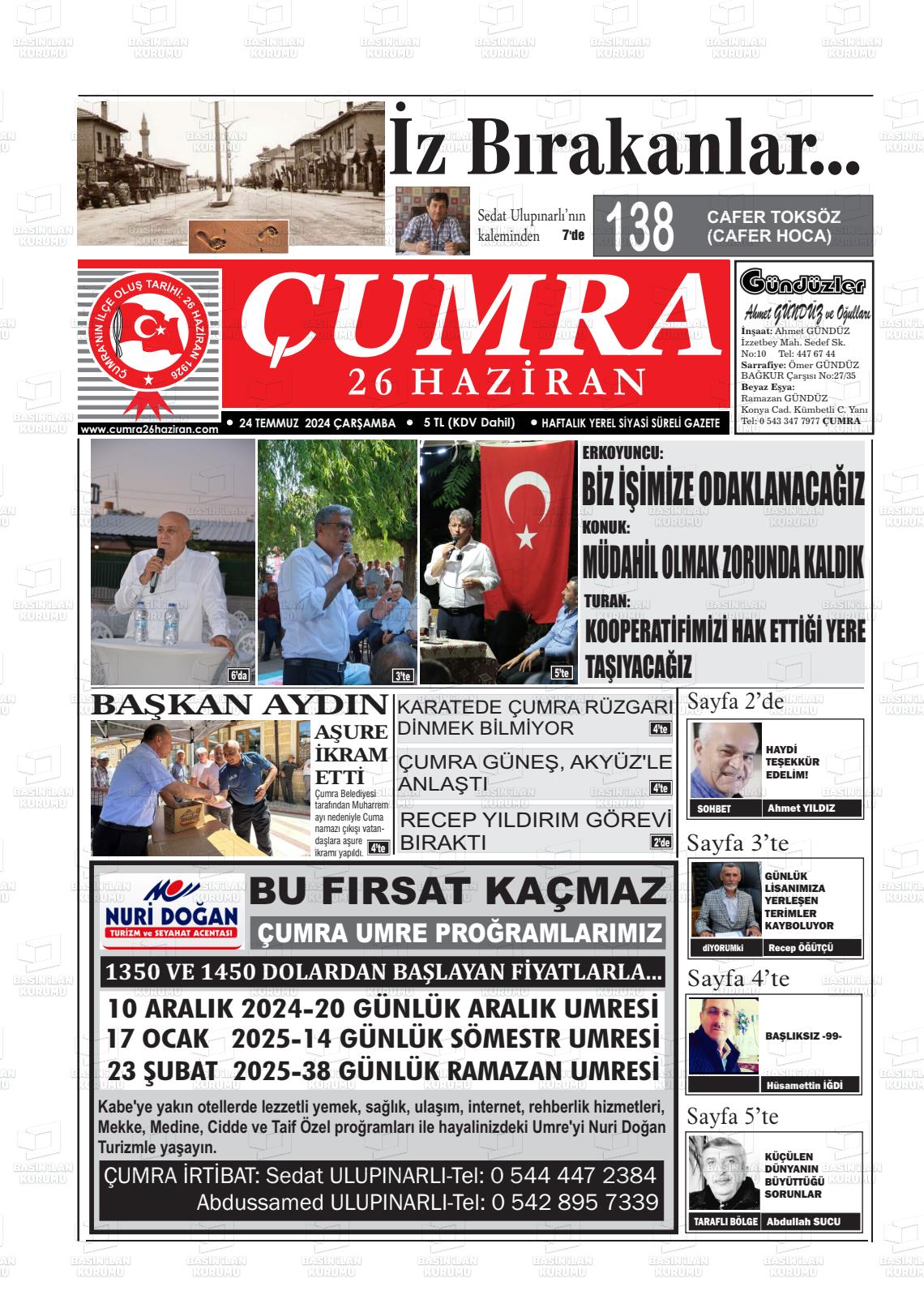 24 Temmuz 2024 Çumra 26 Haziran Gazete Manşeti