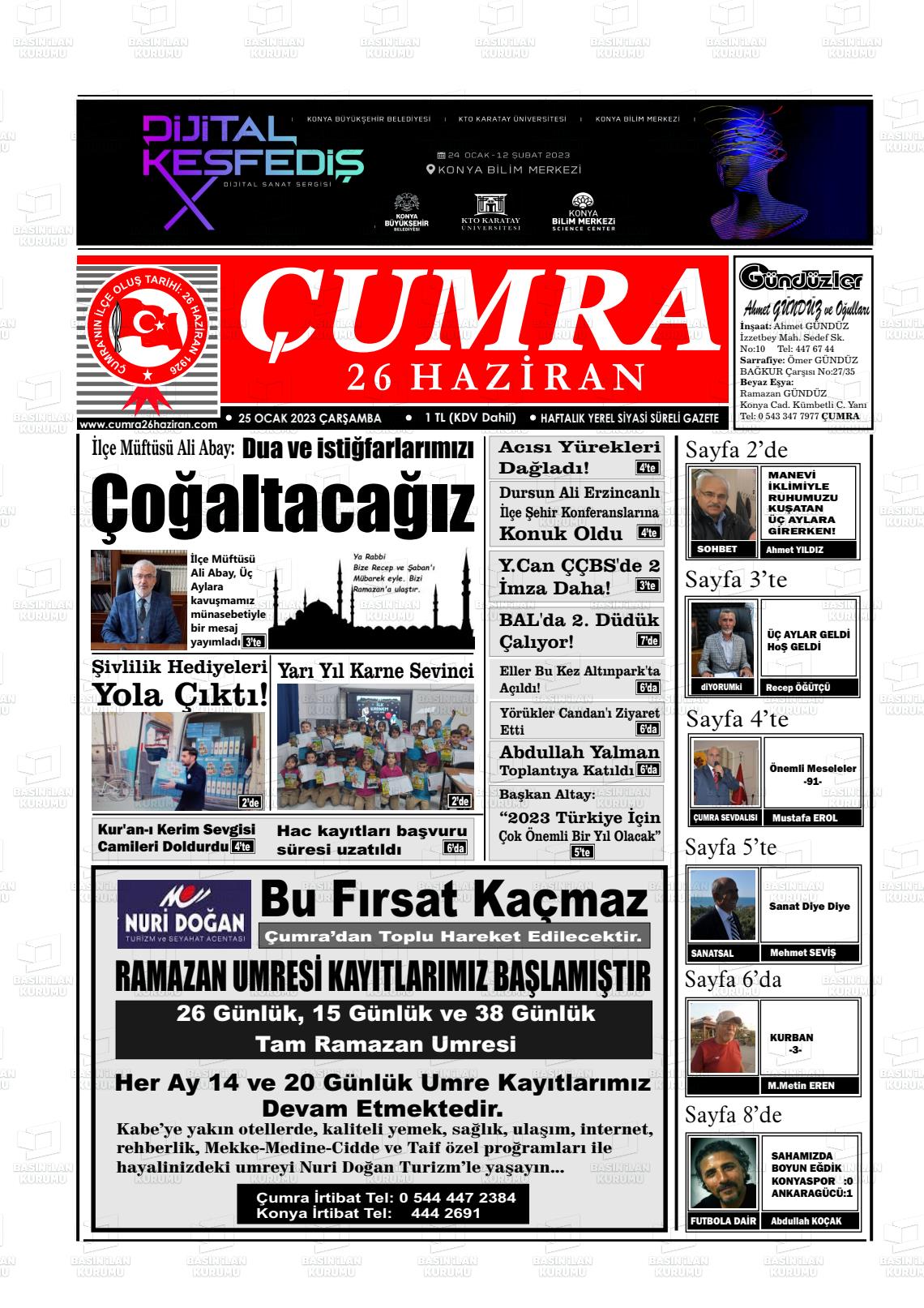 25 Ocak 2023 Çumra 26 Haziran Gazete Manşeti