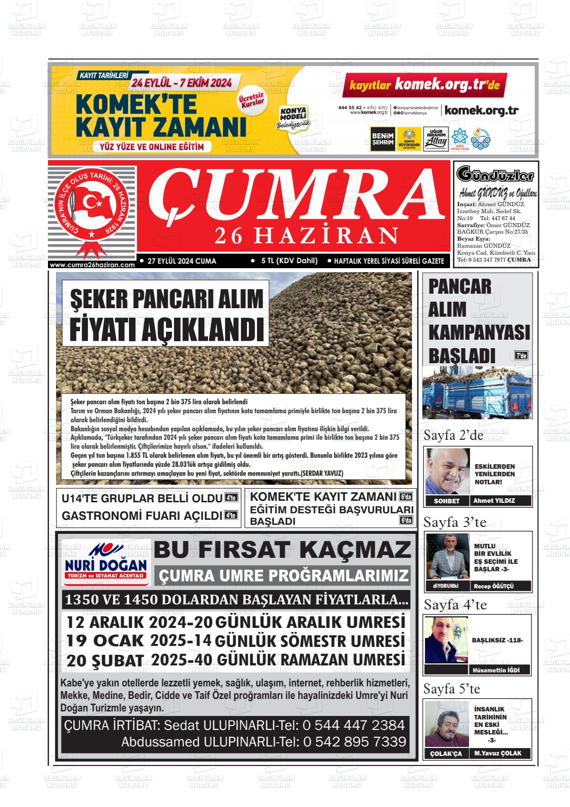 27 Eylül 2024 Çumra 26 Haziran Gazete Manşeti